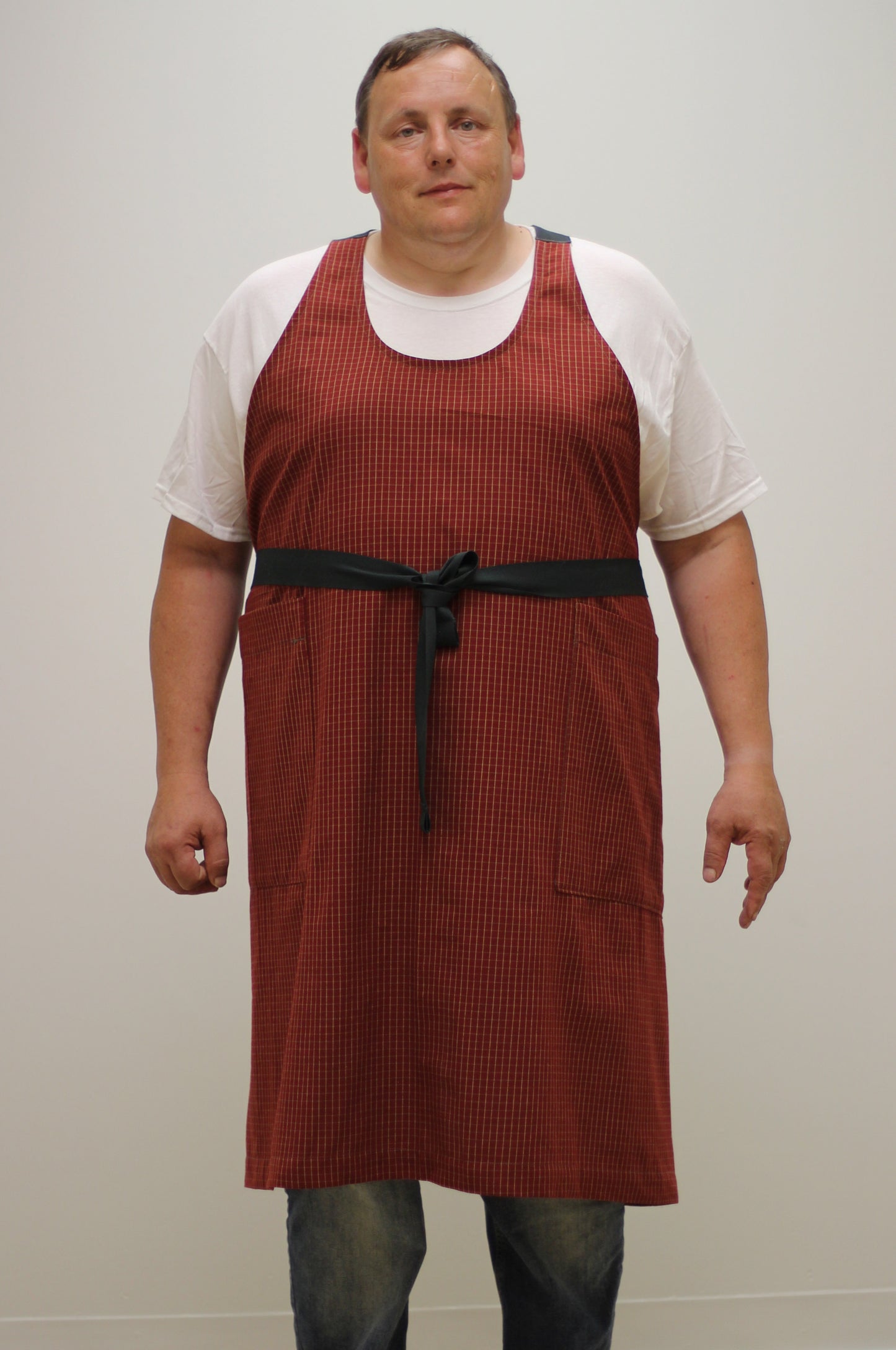 Chef Apron in Red Homespun - Front View with waist ties tied in Front