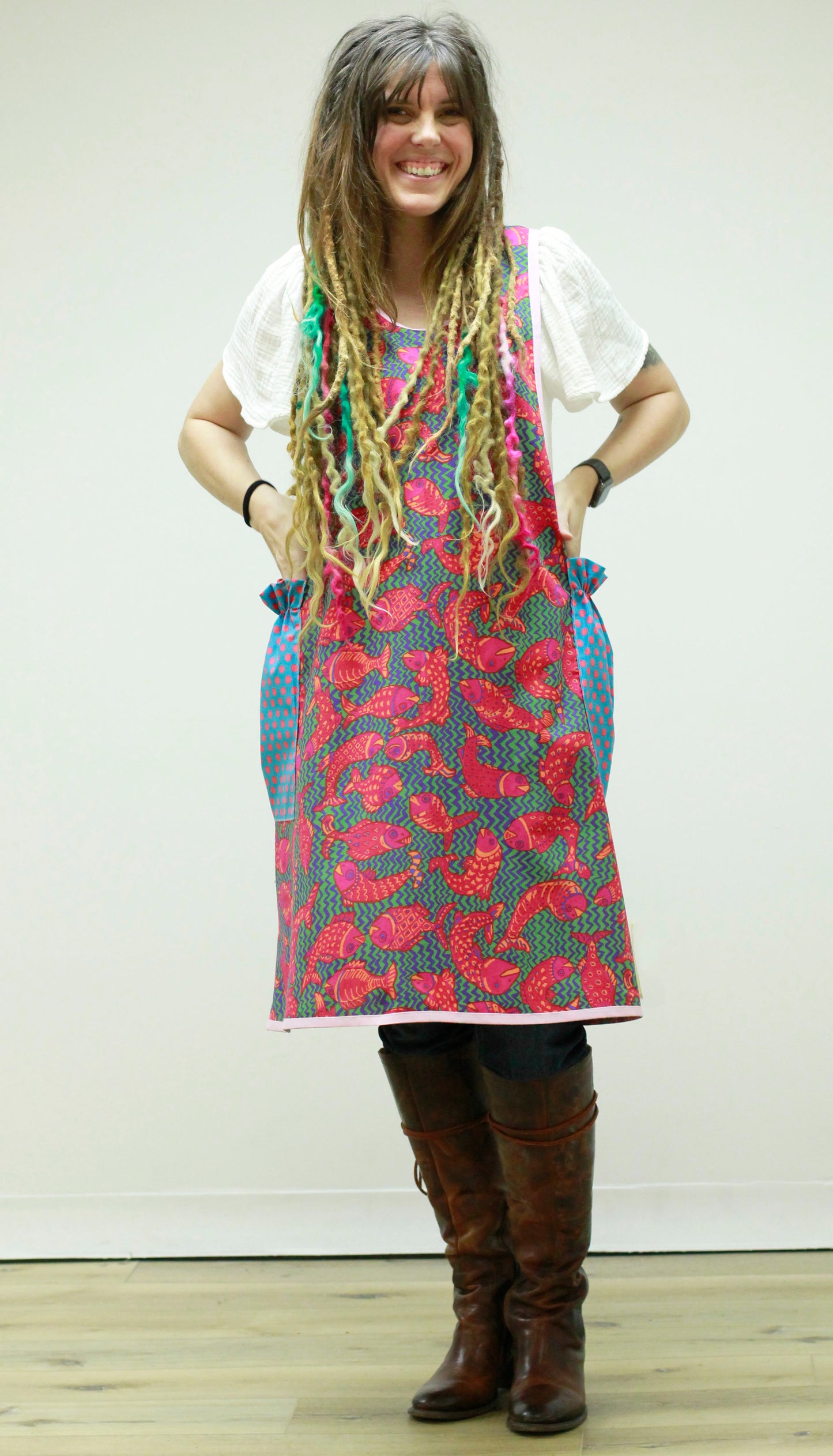No Tie Apron in Fish and Polka Dots with smiling model