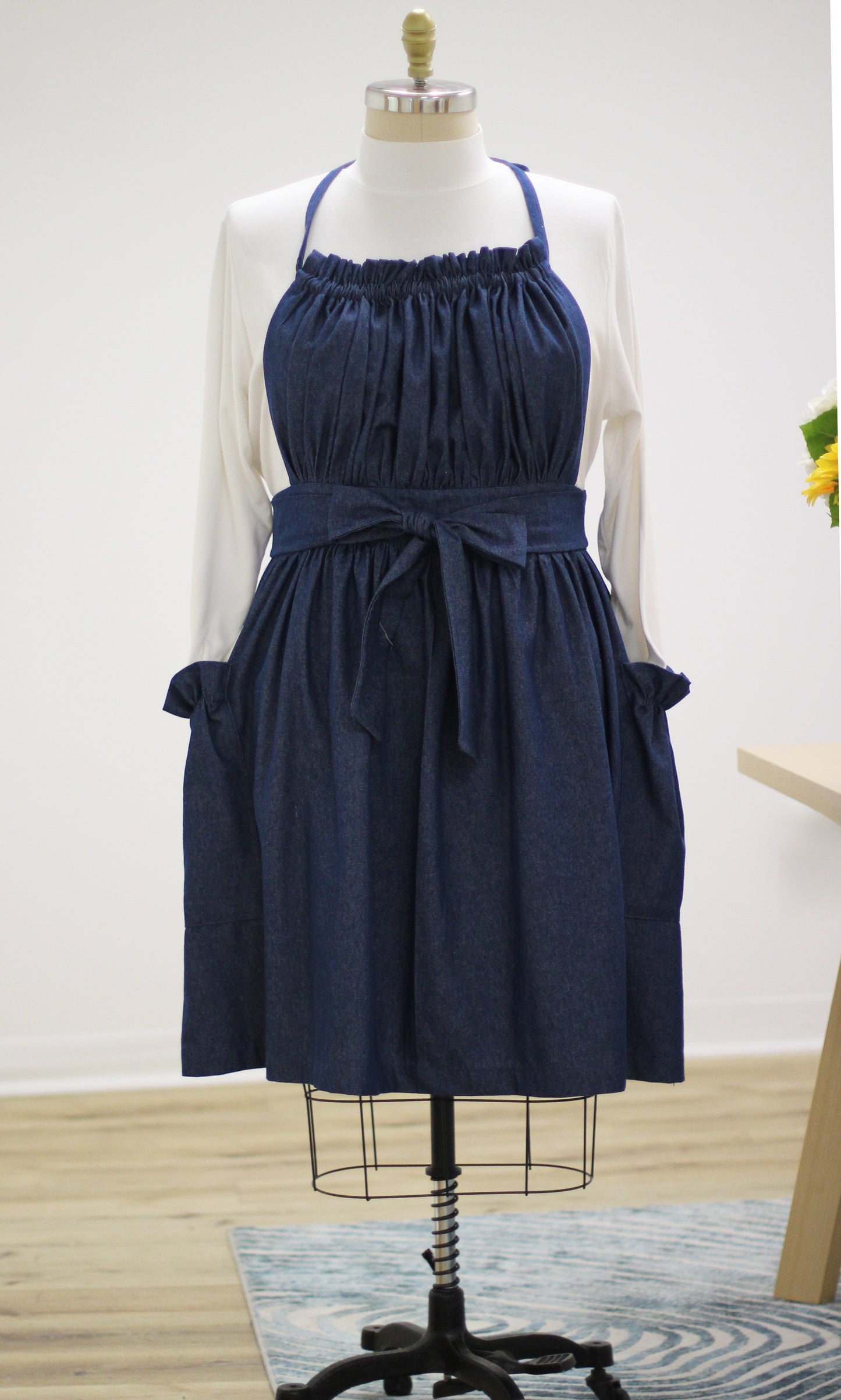 XS-5X Gathered Bib Apron in Denim front view with the apron tied in front.