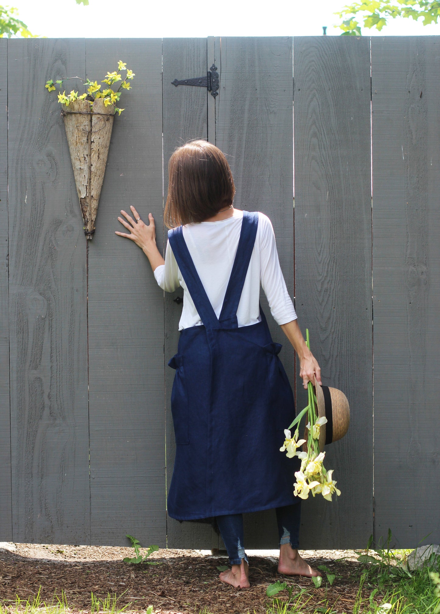 XS-5X Indigo 100% Flax Linen - Back View with Yellow Irises