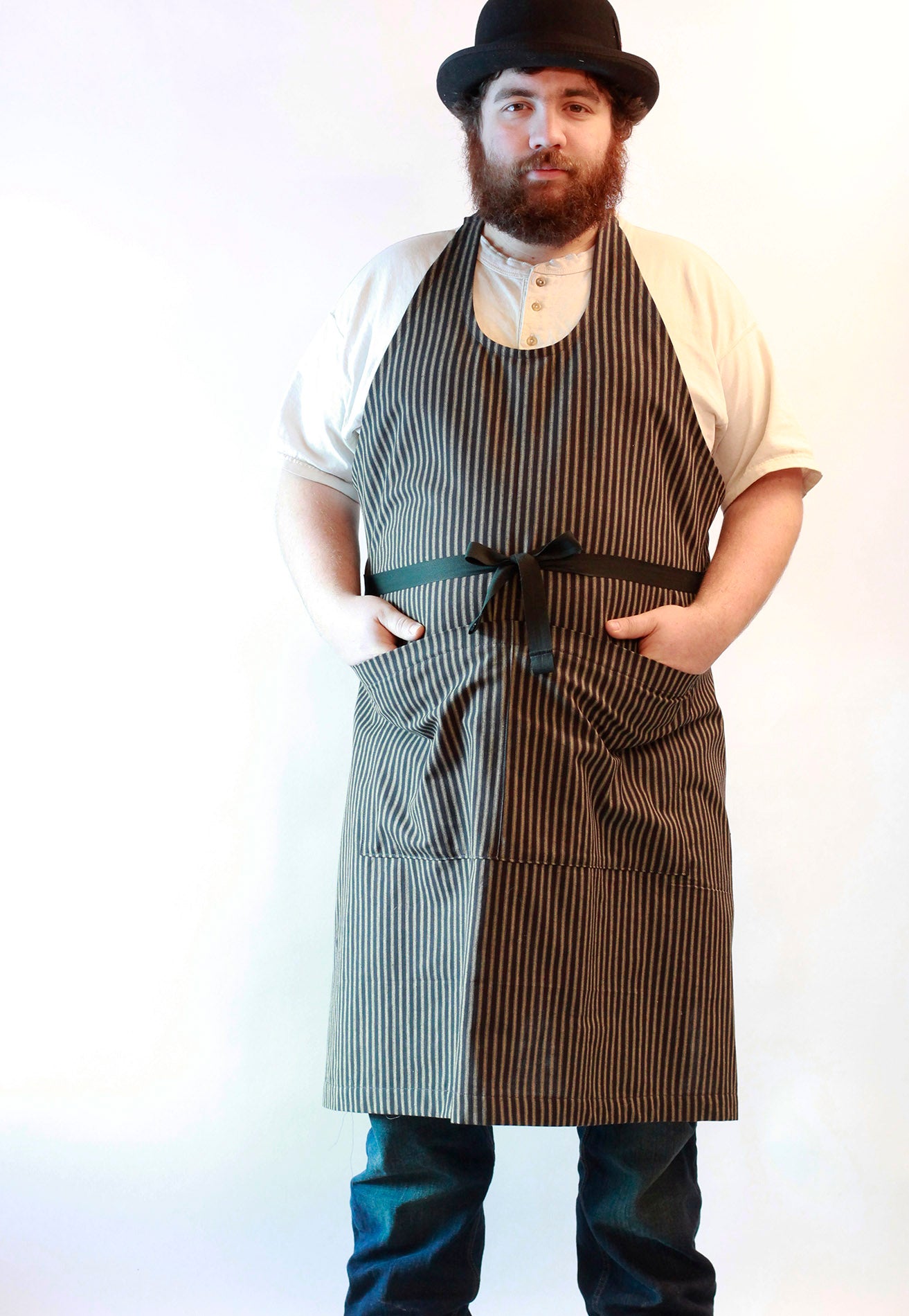 Basic Chef Apron in Dark Navy Strip Homespun