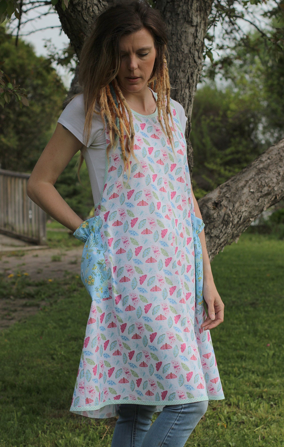 No Tie Apron in Butterflies - Front View with blue pockets