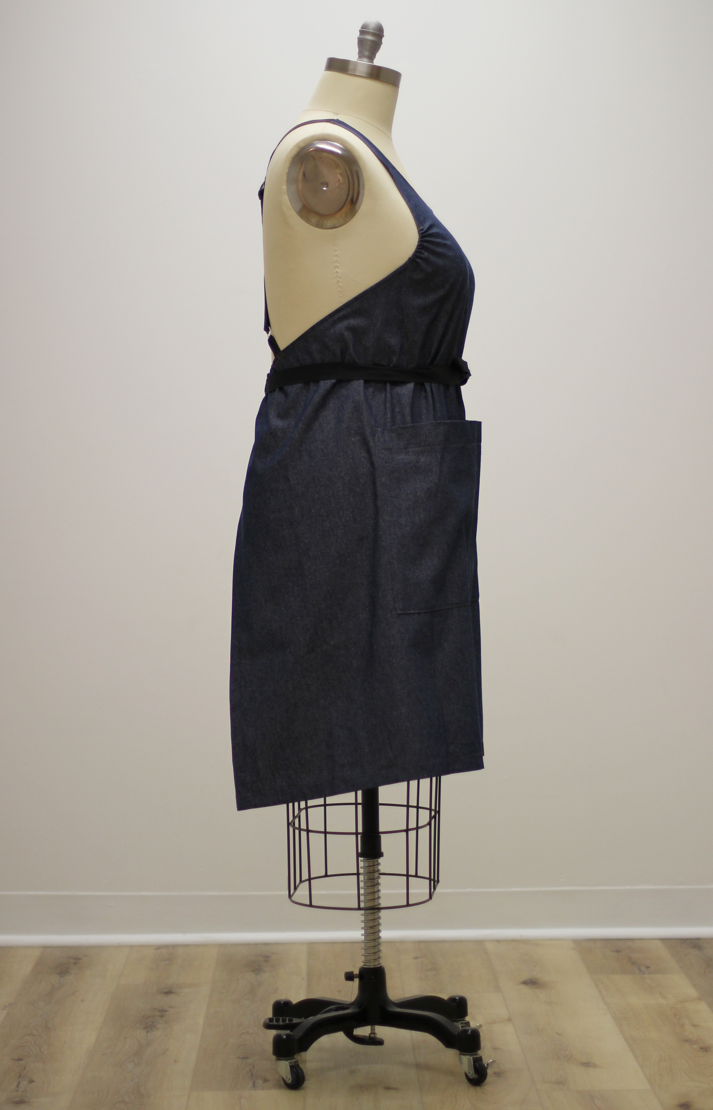 Navy Denim Chef Apron-Womens Cut-waist ties tied in the front - Side View