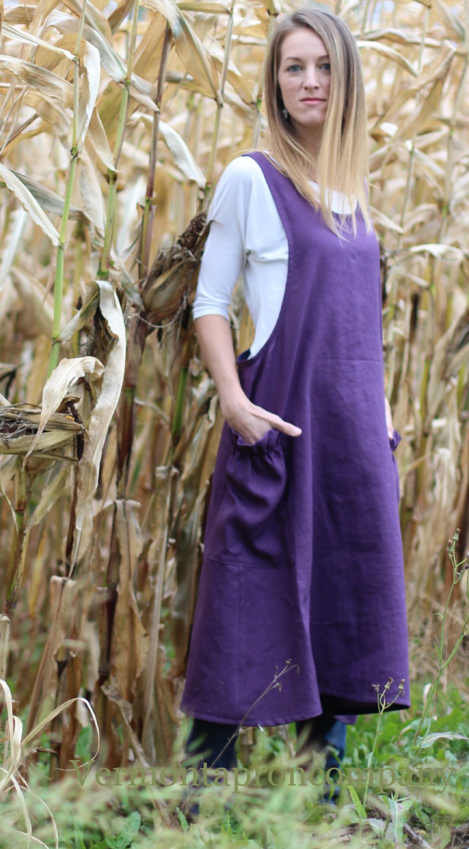 XS-5X No Tie Crossback Apron in Eggplant 100% Flax Linen, front/ side view