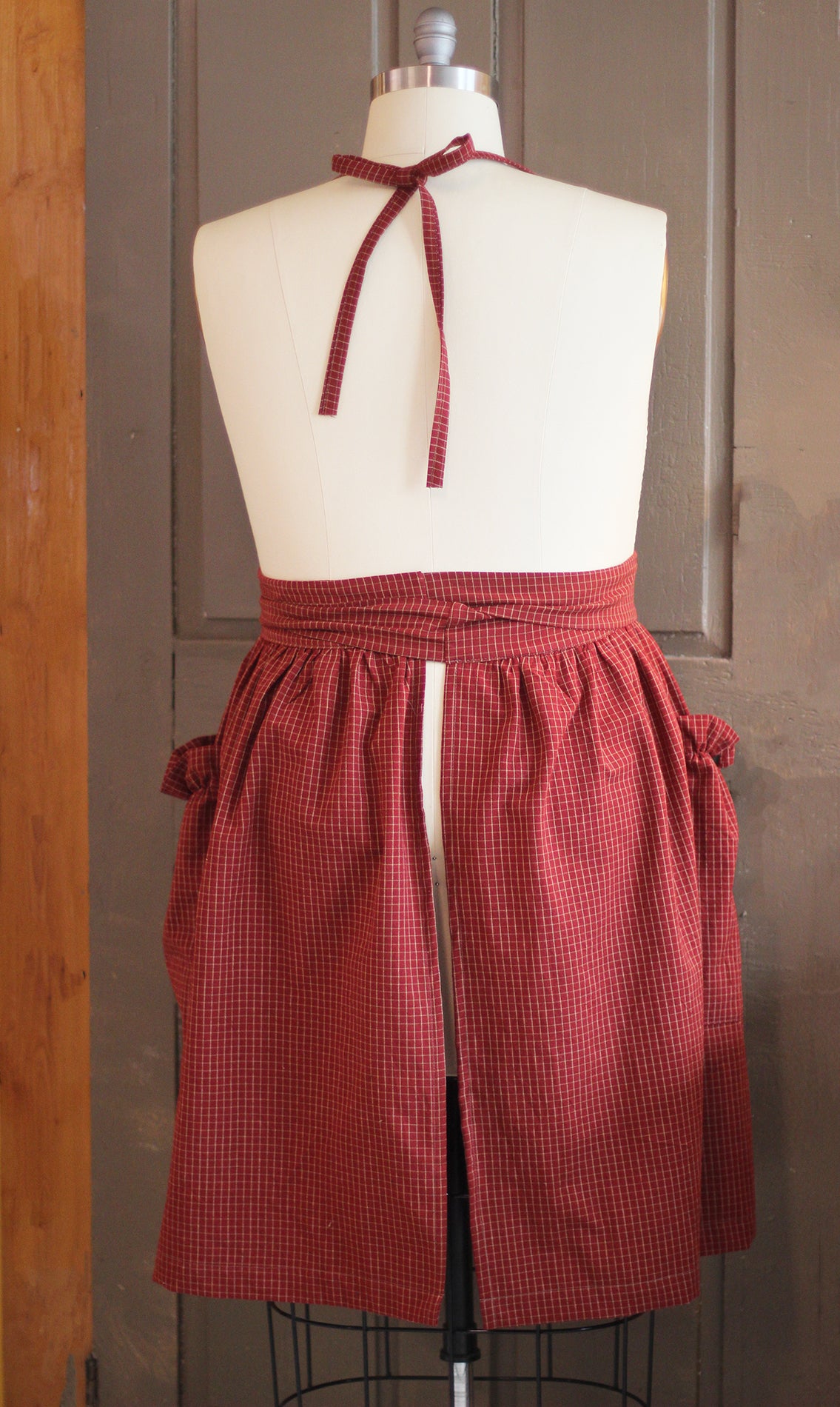 XS-5X Gathered Bib Apron in Red or Black Ecru Plaid, 100% Cotton Homespun