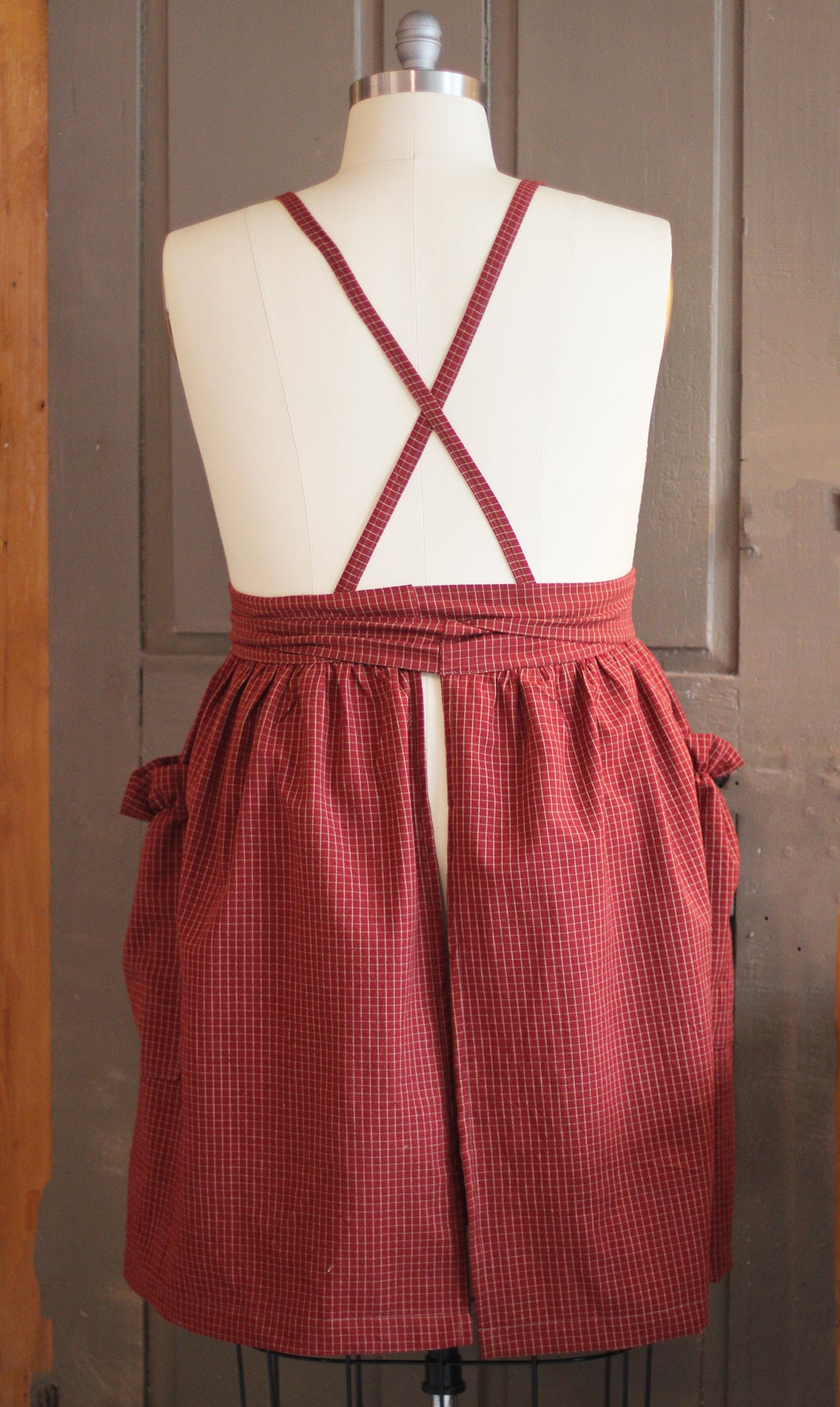 XS-5X Gathered Bib Apron in Red or Black Ecru Plaid, 100% Cotton Homespun