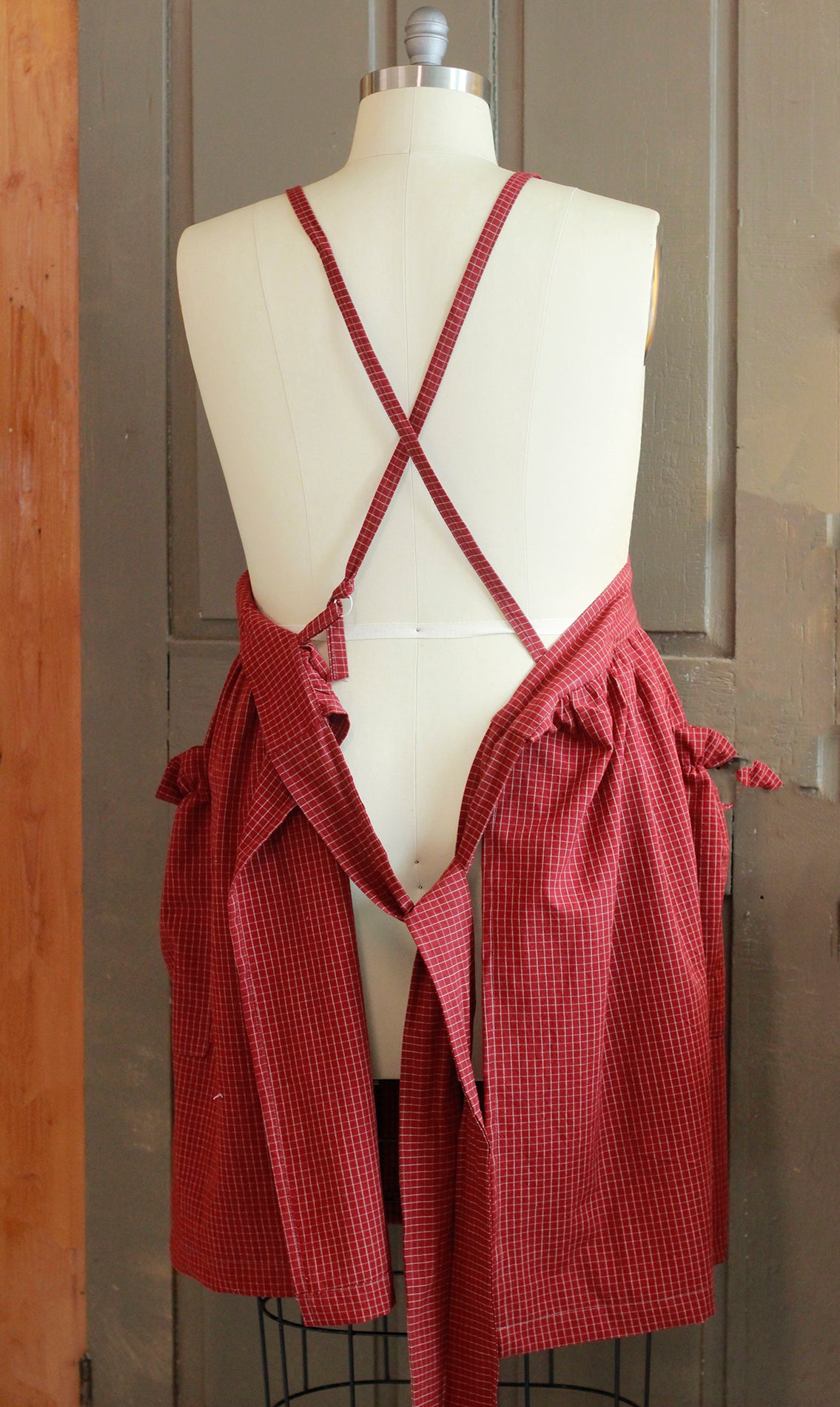 XS-5X Gathered Bib Apron in Red or Black Ecru Plaid, 100% Cotton Homespun