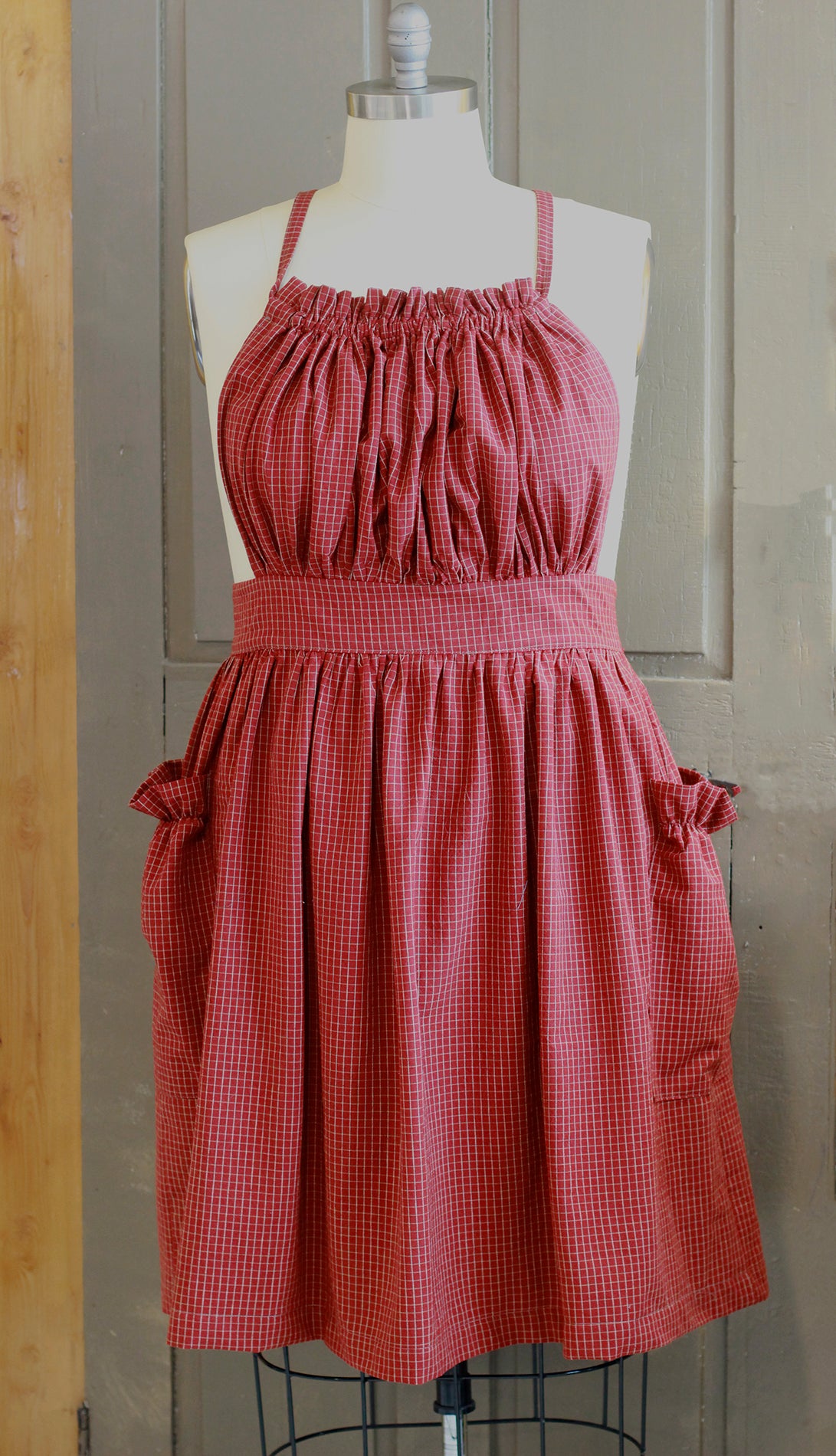 XS-5X Gathered Bib Apron in Red or Black Ecru Plaid, 100% Cotton Homespun