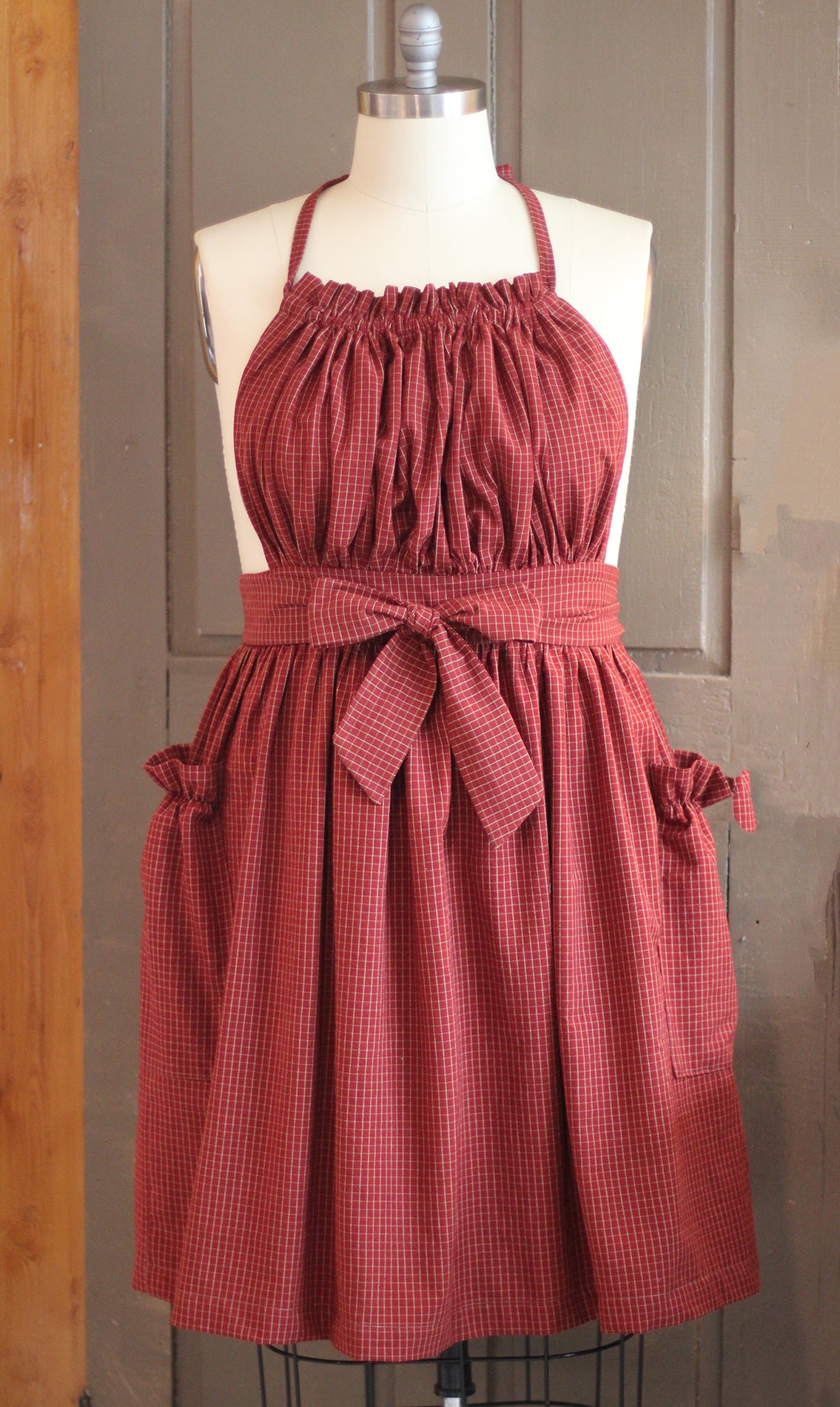XS-5X Gathered Bib Apron in Red or Black Ecru Plaid, 100% Cotton Homespun