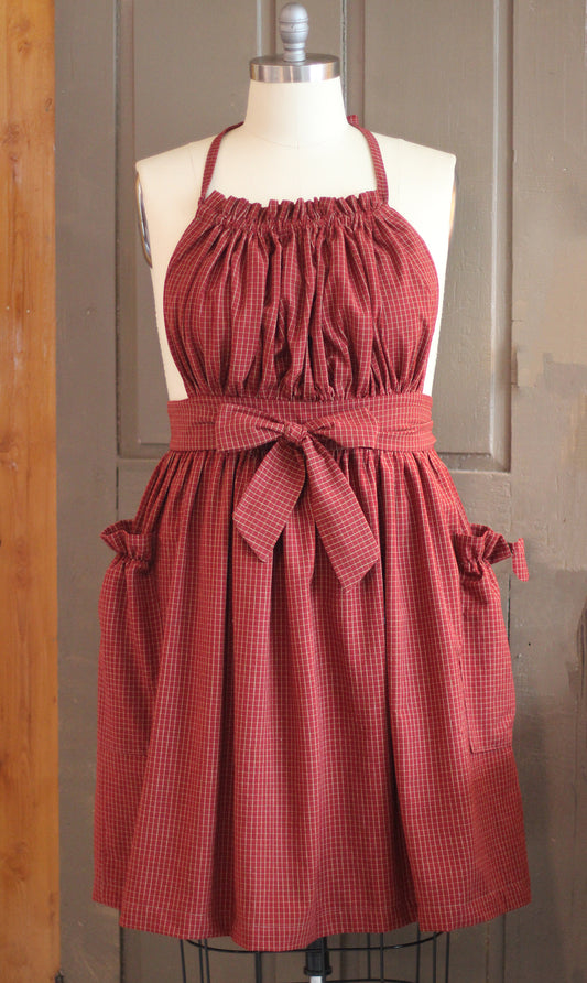 XS-5X  Gathered Bib Apron in Red or Black Ecru Plaid, 100% Cotton Homespun