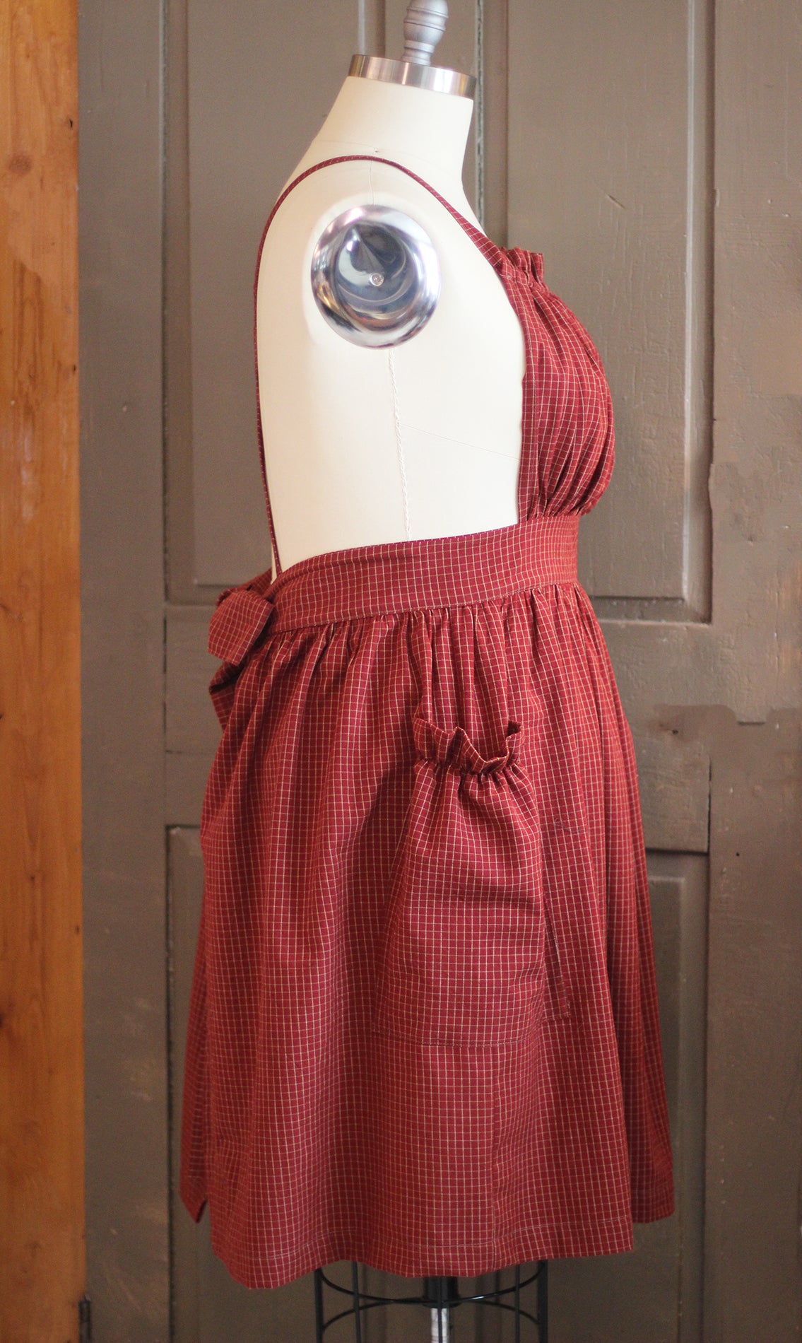 XS-5X Gathered Bib Apron in Red or Black Ecru Plaid, 100% Cotton Homespun