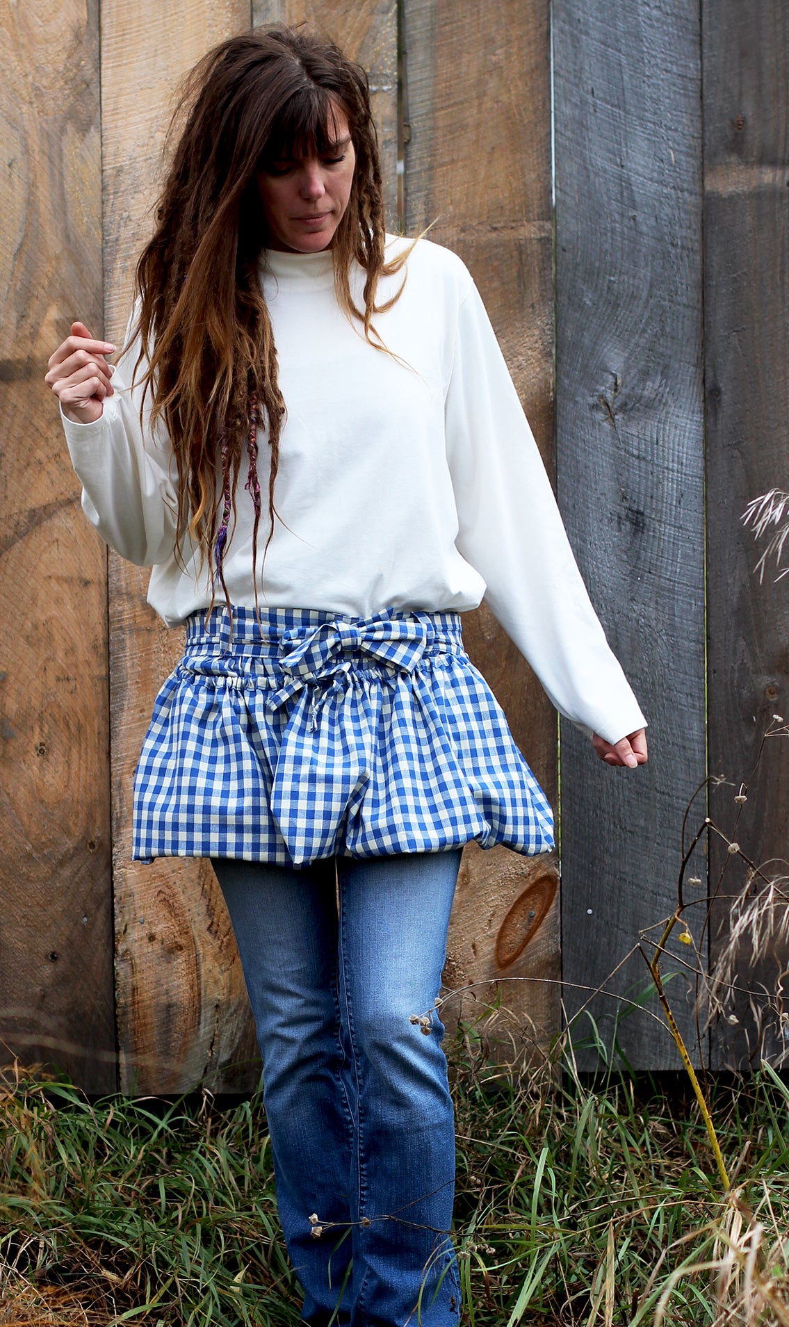 Gathering Apron in Blue and White Plaid 100% Cotton Homespun in Reg and Plus Sizes