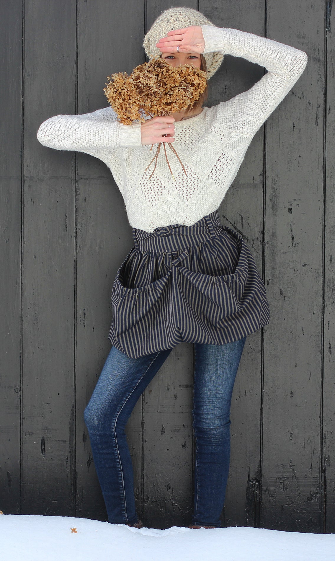 Gathering Apron in Navy Stripe 100% Cotton Homespun in Reg and Plus Size - Front View 2