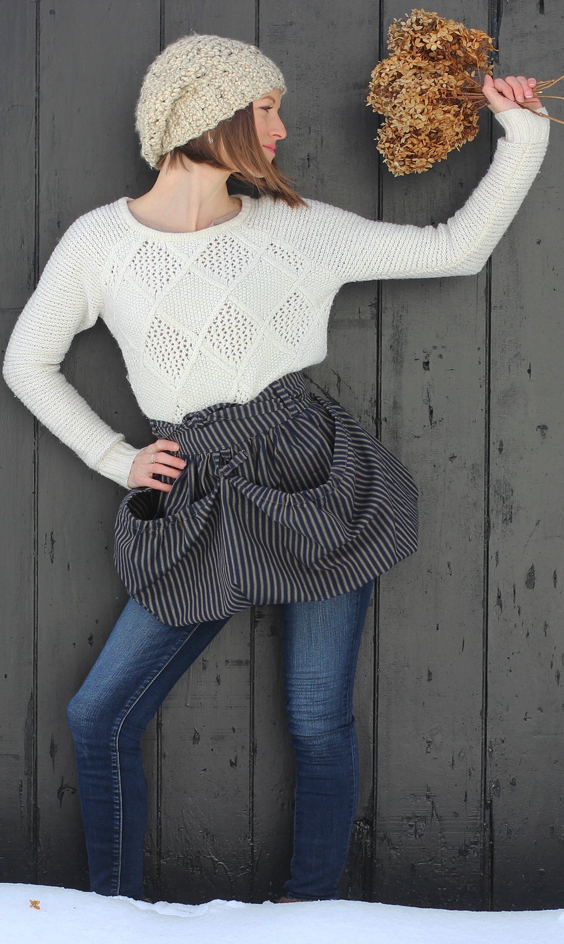 Gathering Apron in Navy Stripe 100% Cotton Homespun in Reg and Plus Size - Front View 3