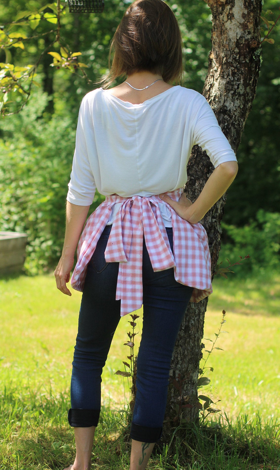 Gathering Apron in Pink and White Check 100% Cotton Homespun - Back View