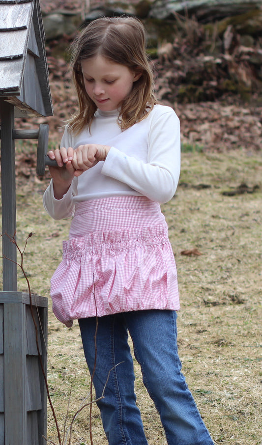 Childrens Ruffled Gathering Apron in Pink Homespun