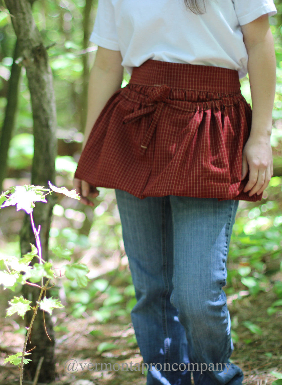Gathering Apron in Red 100% Cotton Homespun Reg and Plus Size, front view 