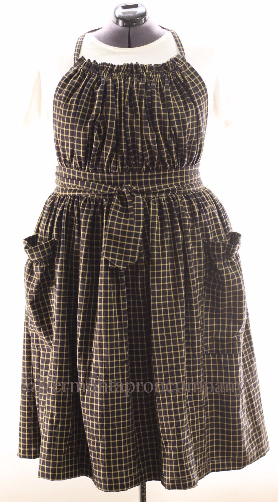 XS-5X Gathered Bib Apron in Red or Black Ecru Plaid, 100% Cotton Homespun