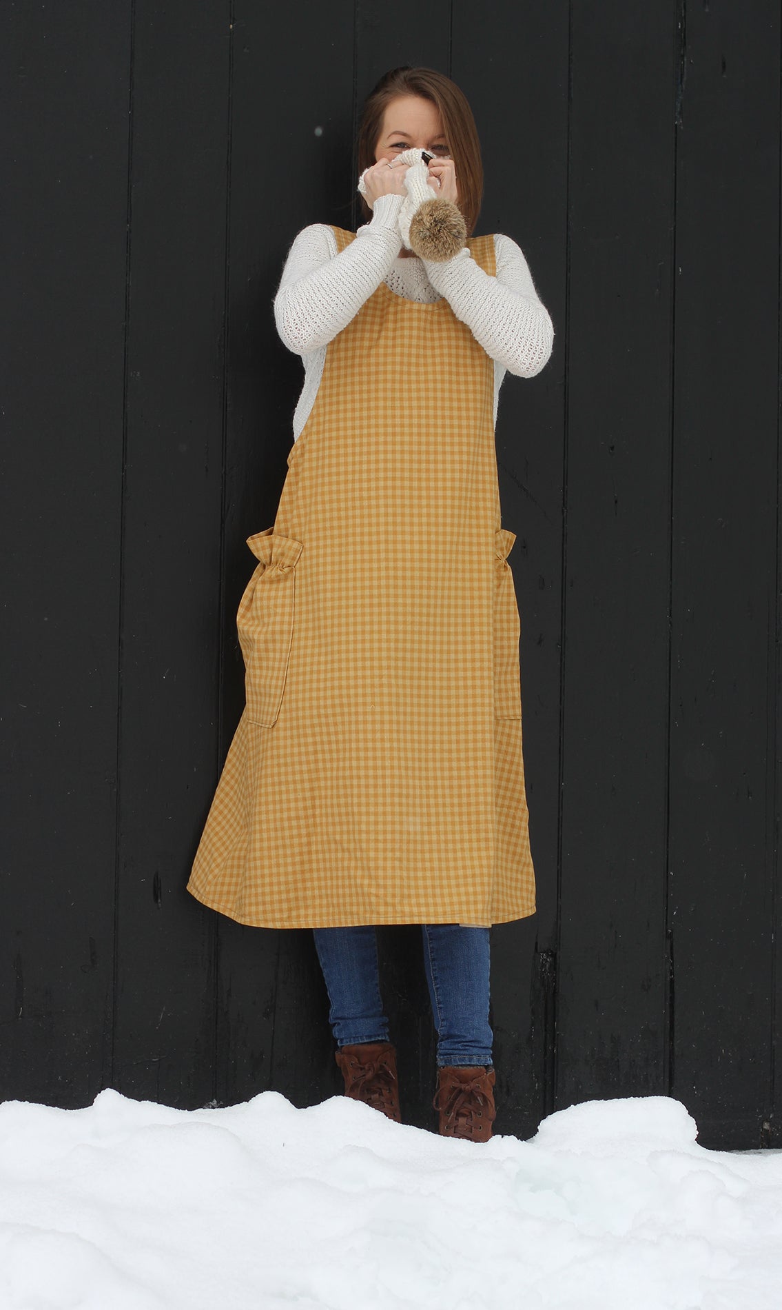 Yellow Plaid Homespun No Tie Apron by The Vermont Apron Company with a hat - Front View