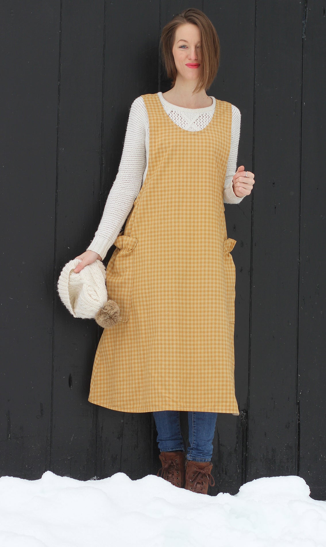 Yellow Plaid Homespun No Tie Apron by The Vermont Apron Company - front view