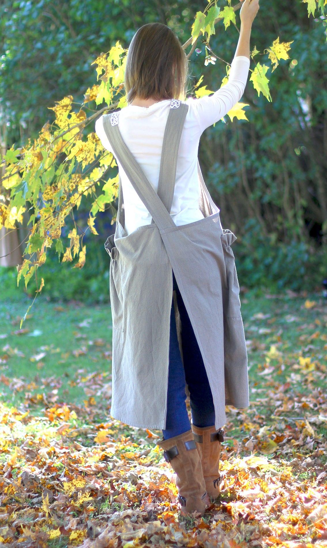 No Ties Crossback Apron in 100% Cotton Tiny Blue Plaid Homespun with Lace Collar - Back View 1 by The Vermont Apron Company