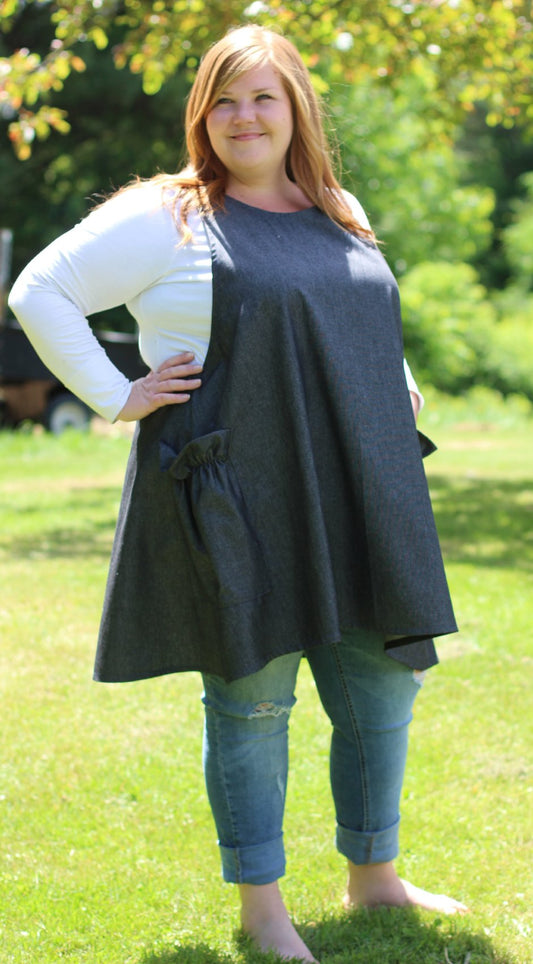 XS-5X No Tie Crossback Apron in Black Denim, plus size, front/ side view