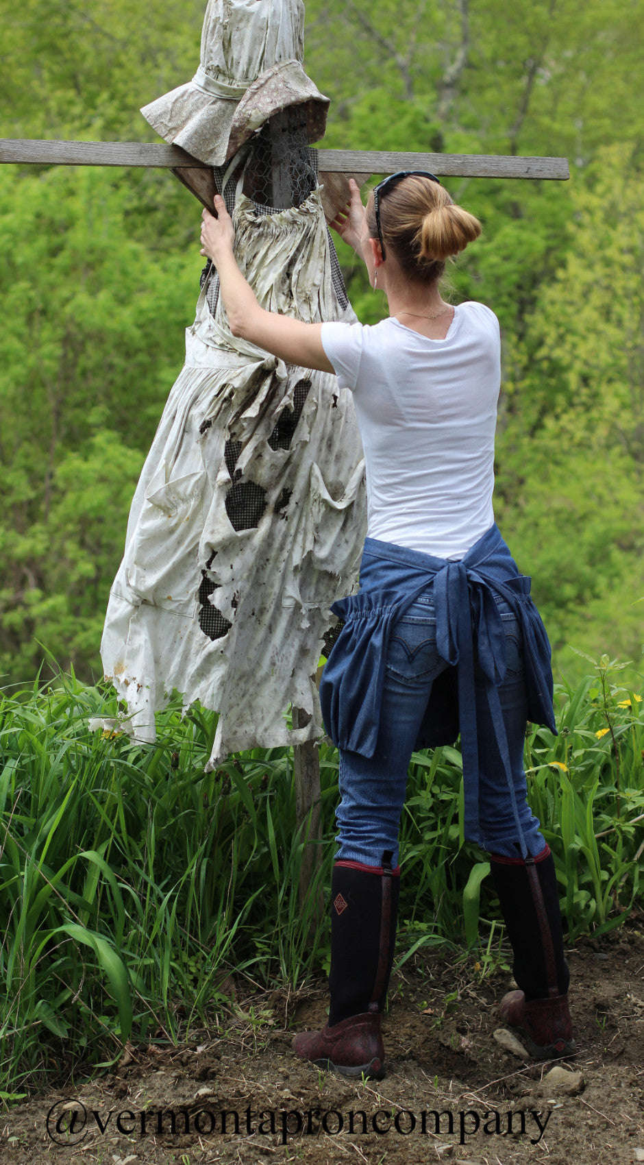 Ruffled Gathering Apron in Navy Denim, back view