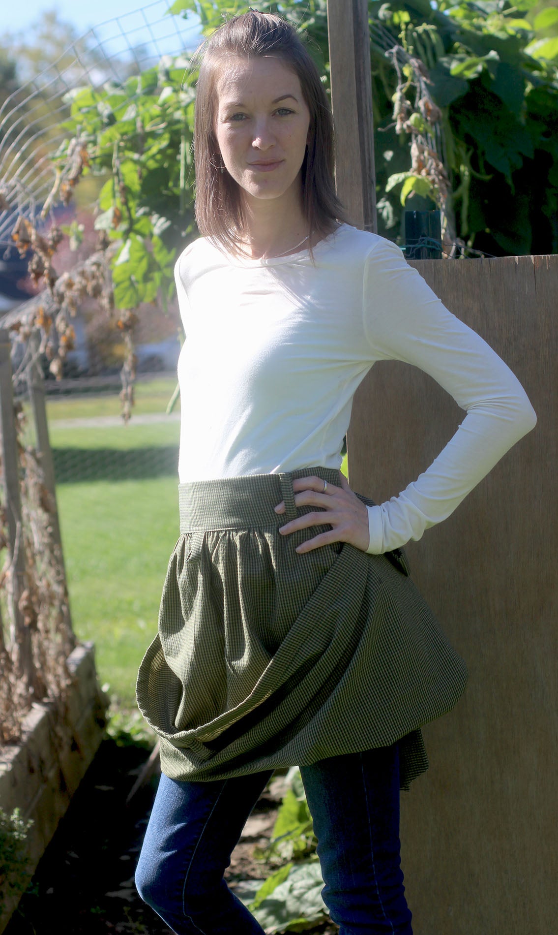 Gathering Apron in Tiny Green Plaid 100% Cotton Homespun in Reg and Plus Size - The Vermont Apron Company - Front View 2