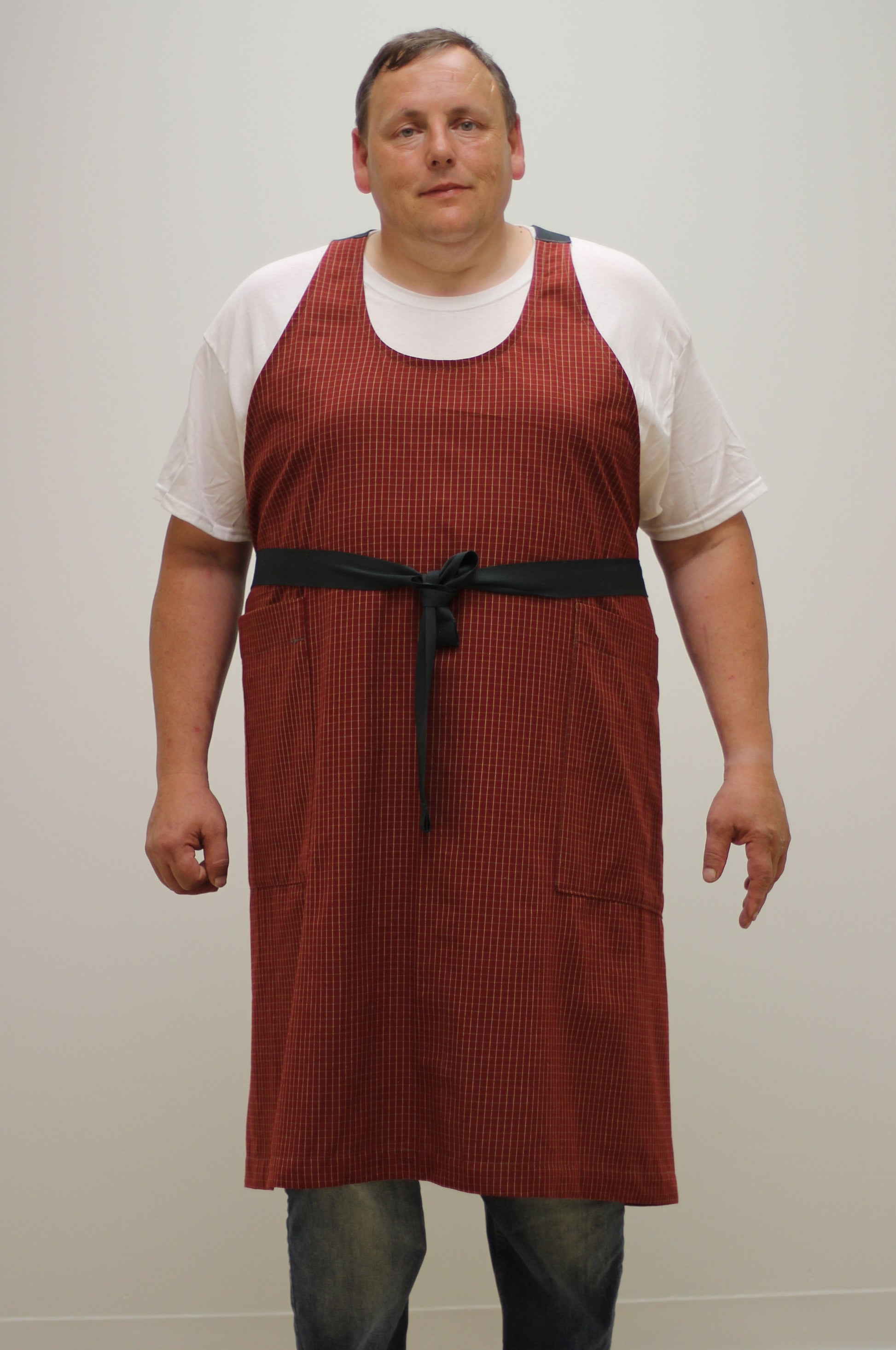 Chef Apron in Red Homespun - Front View with waist ties tied in Front
