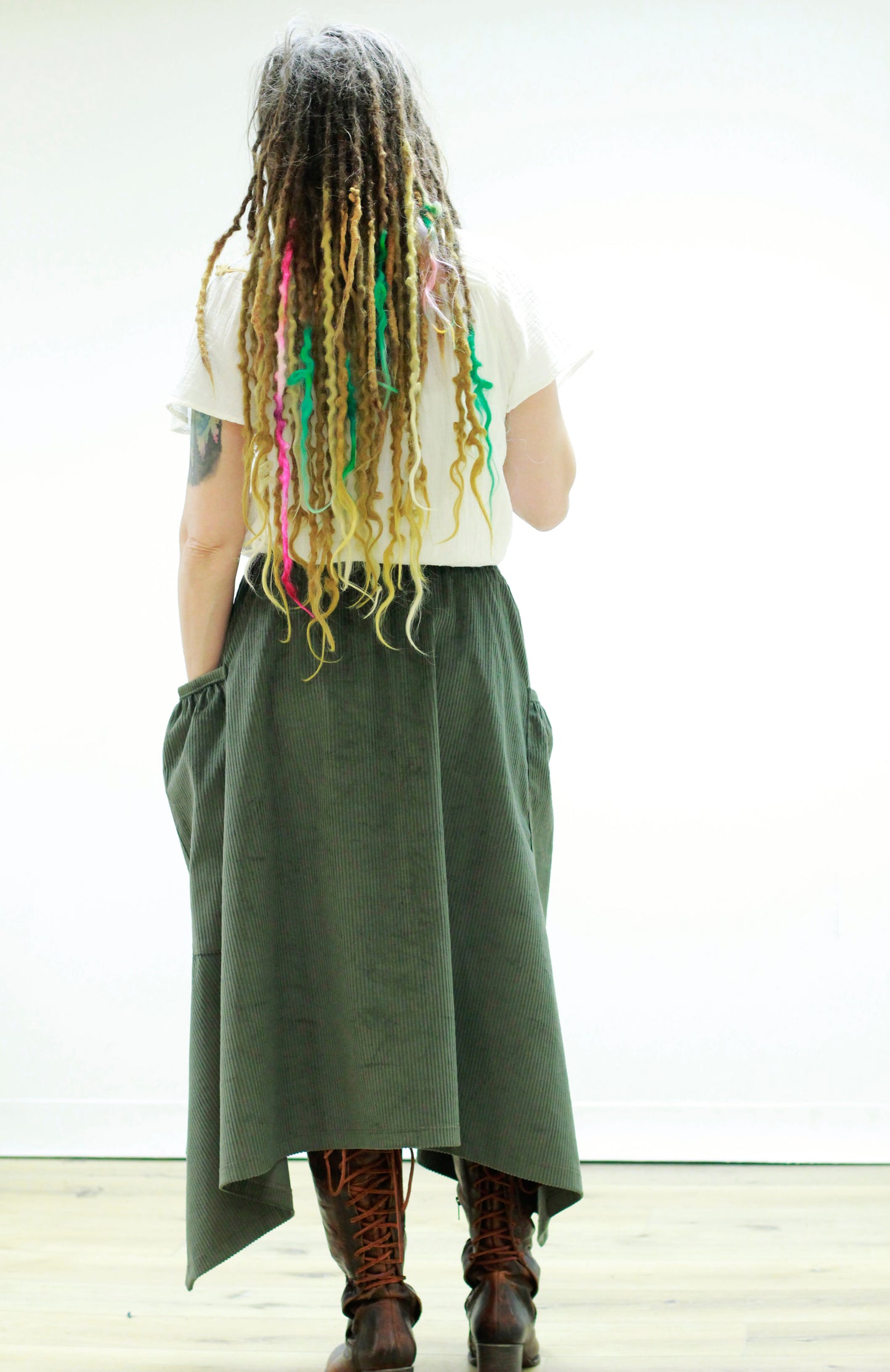Hippy Skirt In Green Corduroy _ back view