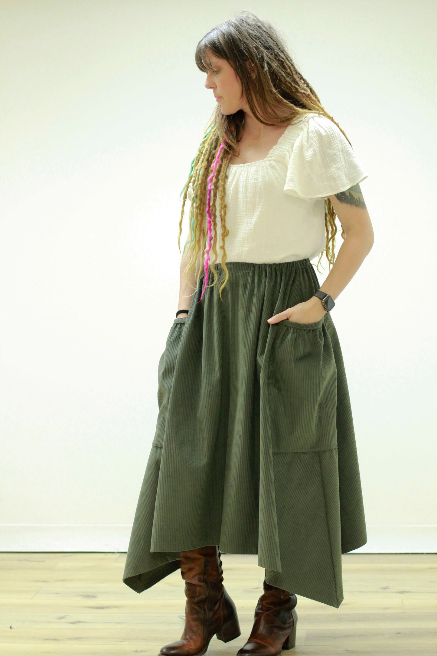 Hippy Skirt In Green Corduroy - Front View