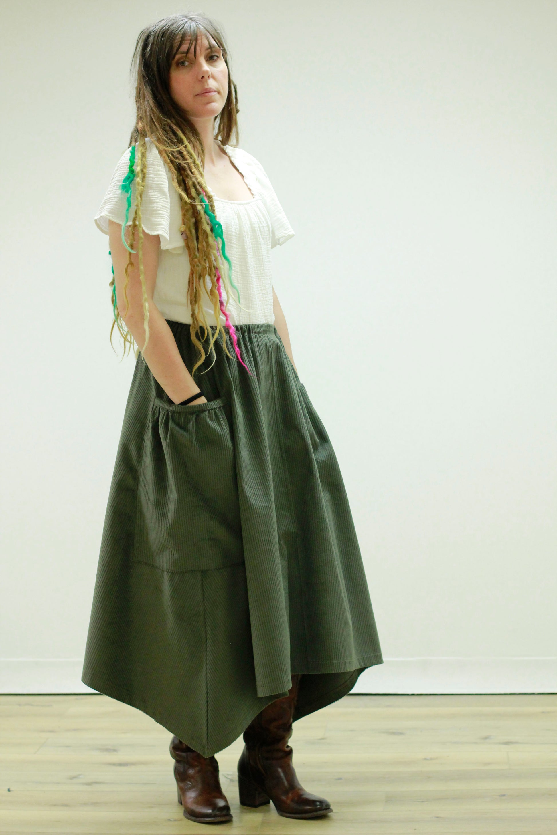 Hippy Skirt In Green Corduroy - front view 2