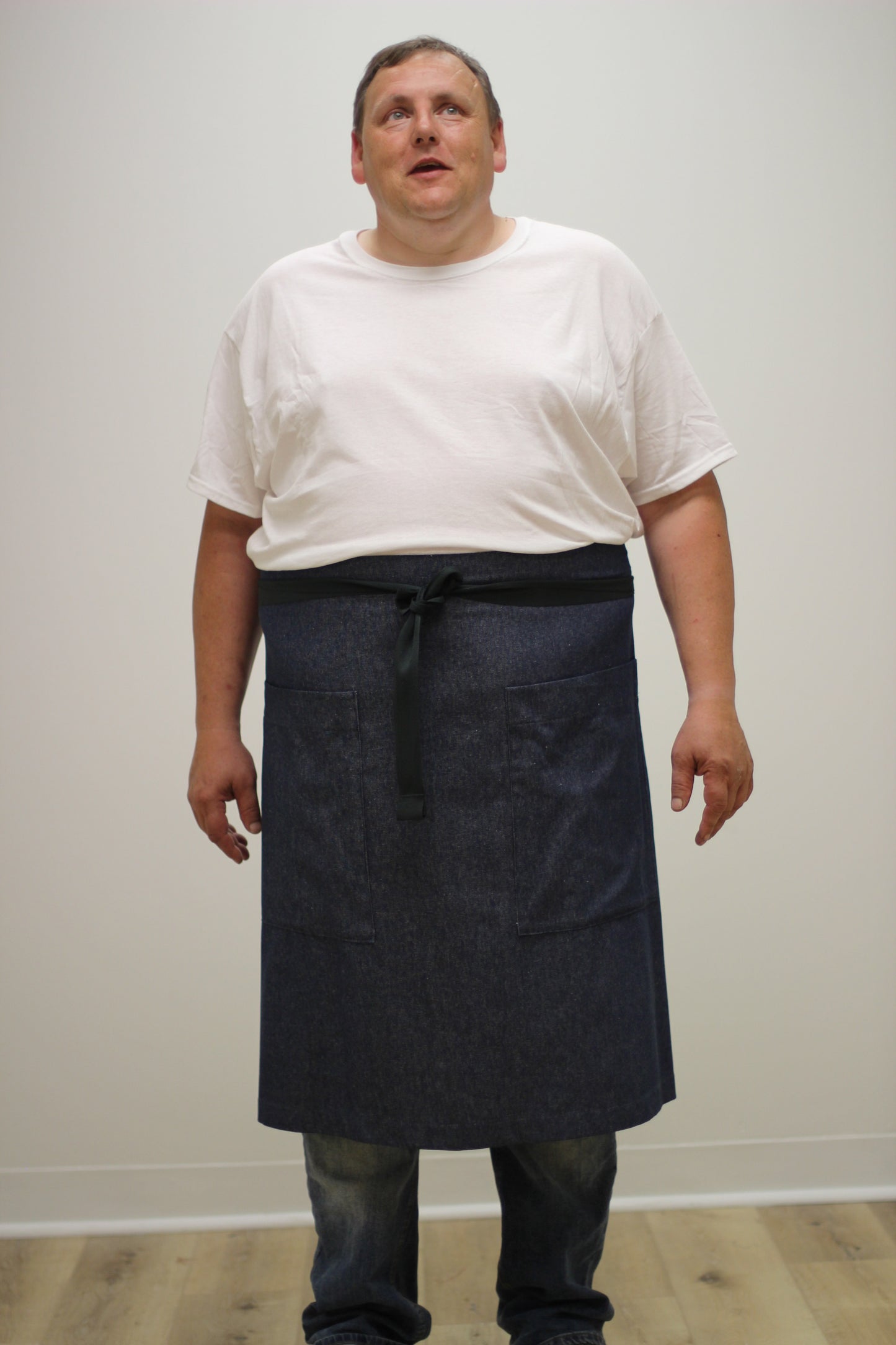 Long Half Apron in Denim - Front View 3