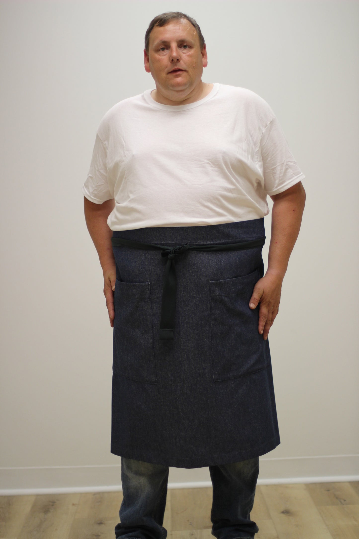 Long Half Apron in Denim - Front View 2