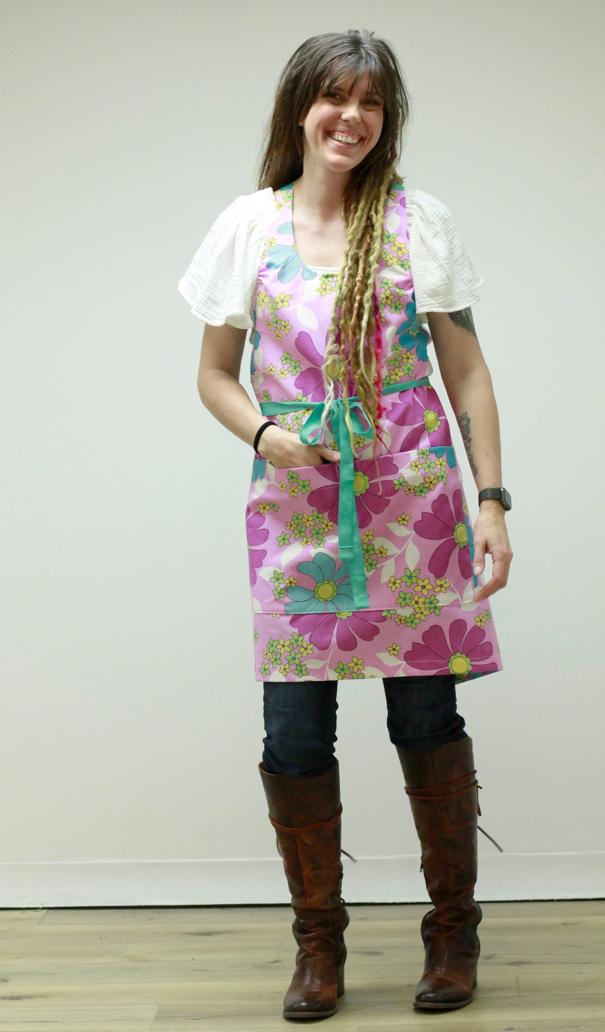 Chef Apron - Womens Cut in a 60's Print - Front View model smiling