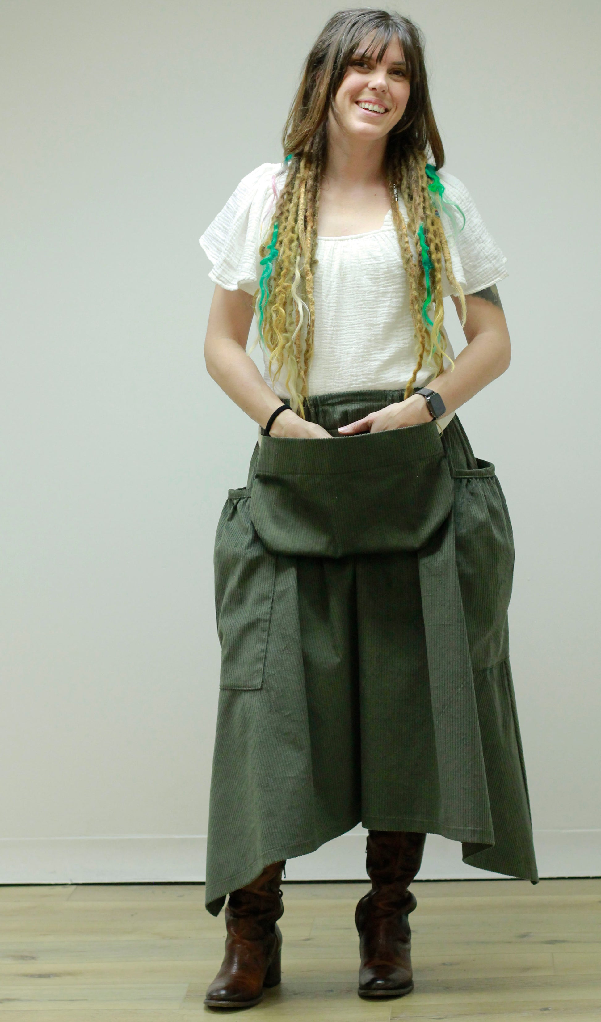 Hippy Skirt In Green Corduroy - with pouch apron