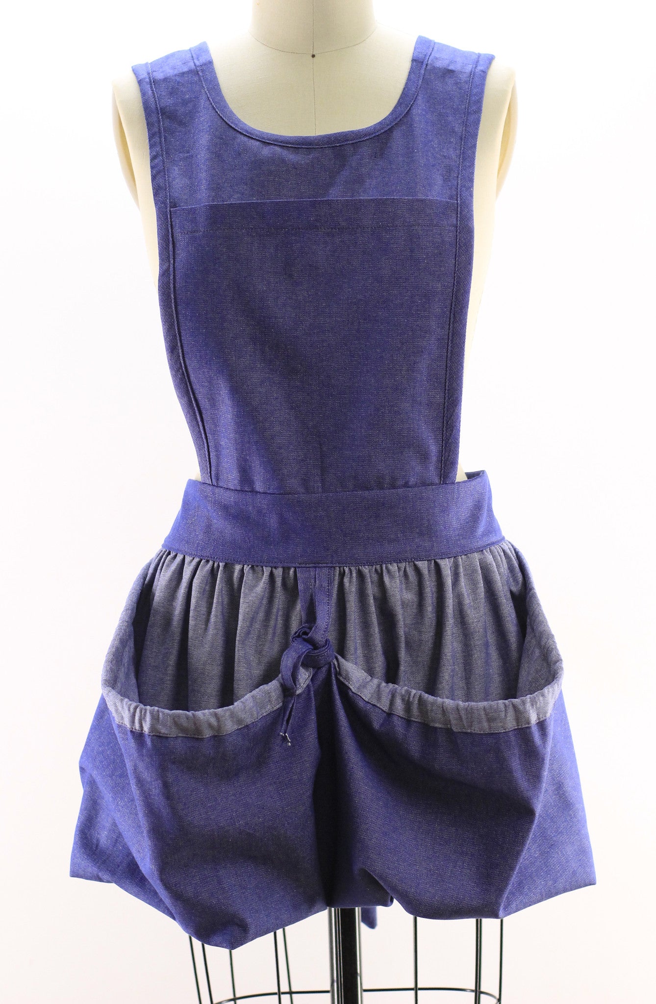Gathering Apron with Bib Top in Denim, front view