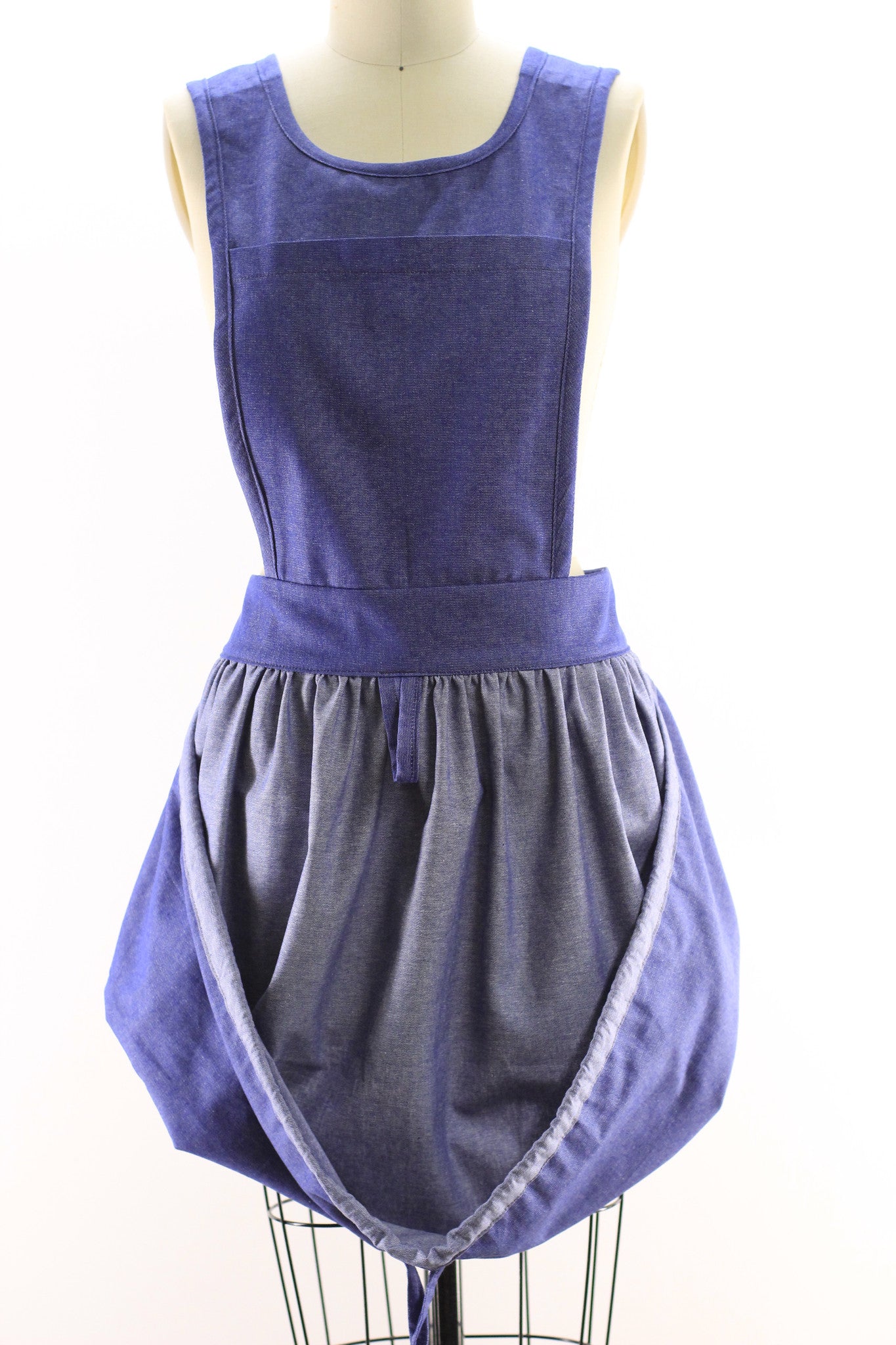Gathering Apron with Bib Top in Denim, front view, loosened
