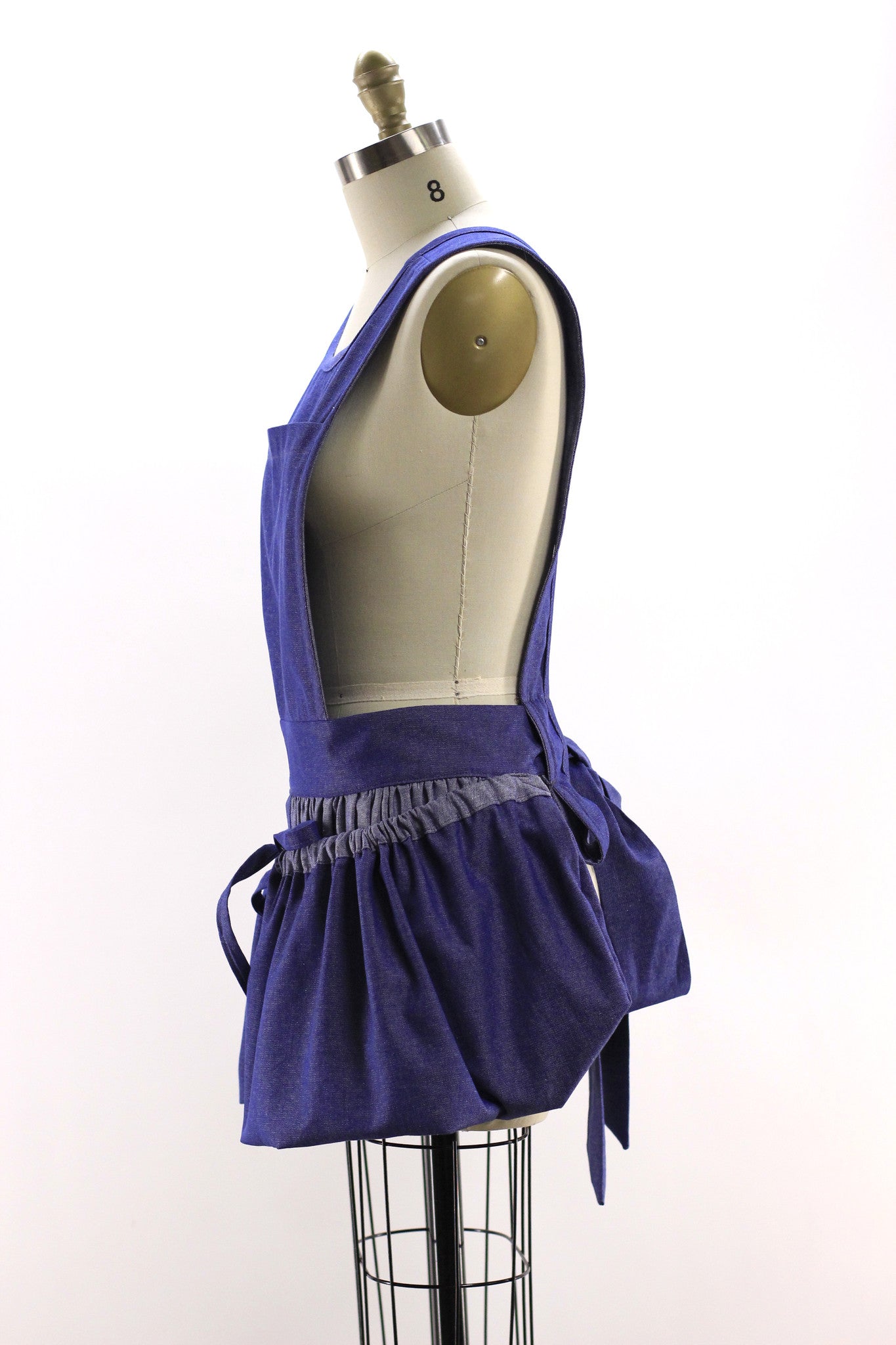 Gathering Apron with Bib Top in Denim, side view