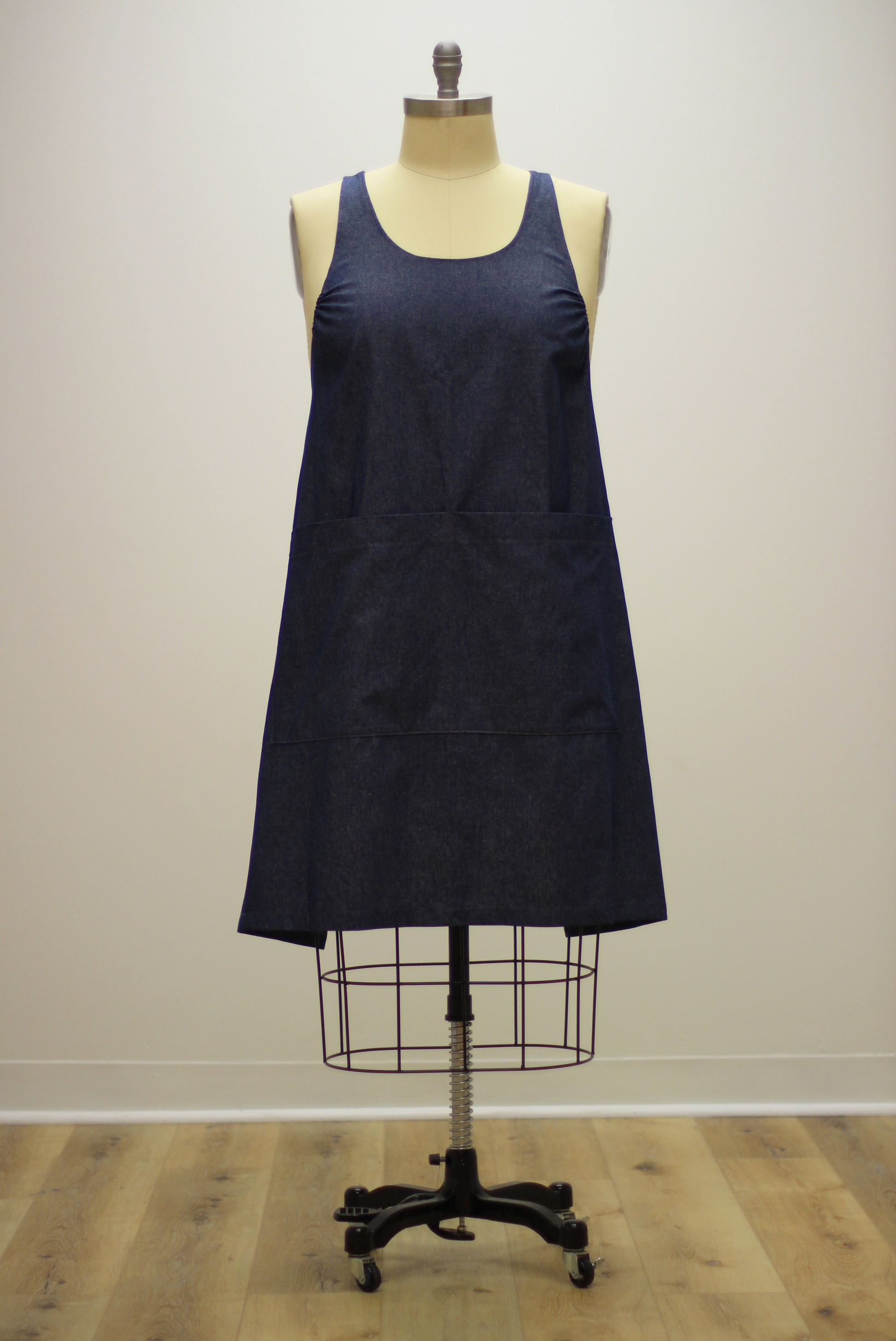 Navy Denim Chef Apron-Womens Cut-waist ties tied in the Back - Front View
