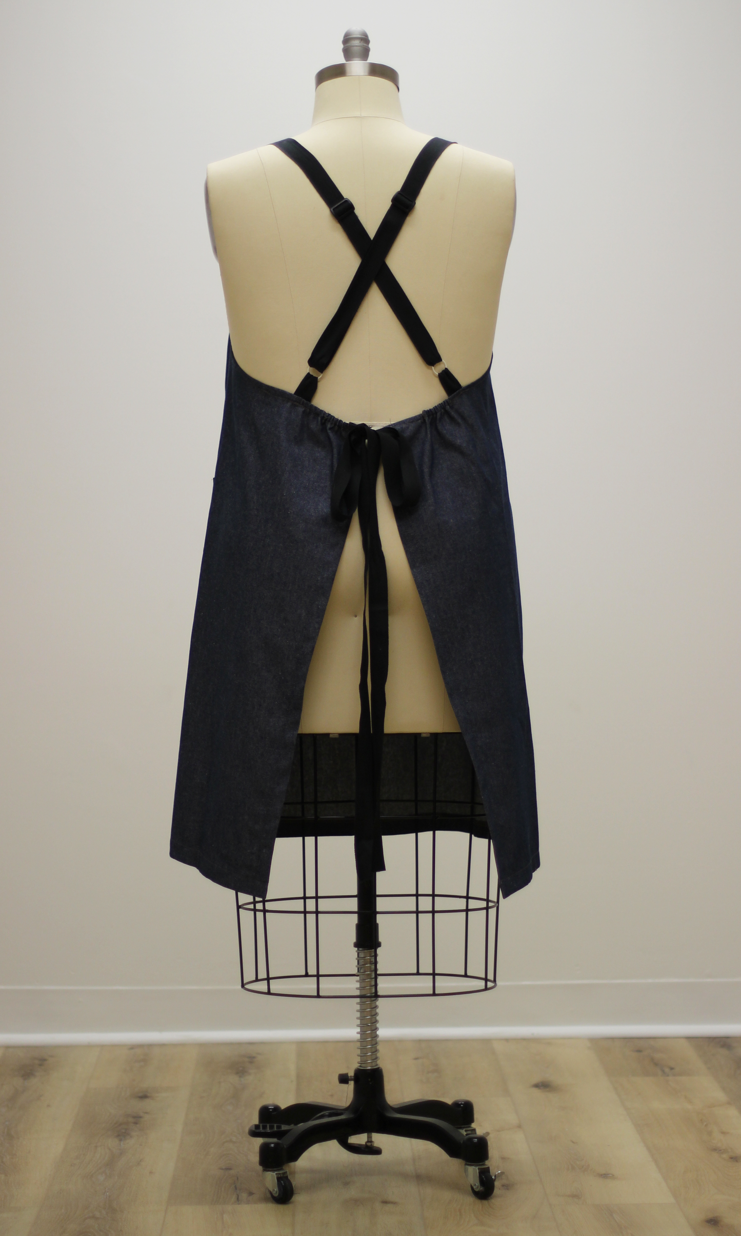 Navy Denim Chef Apron-Womens Cut-waist ties tied in the back - Back View
