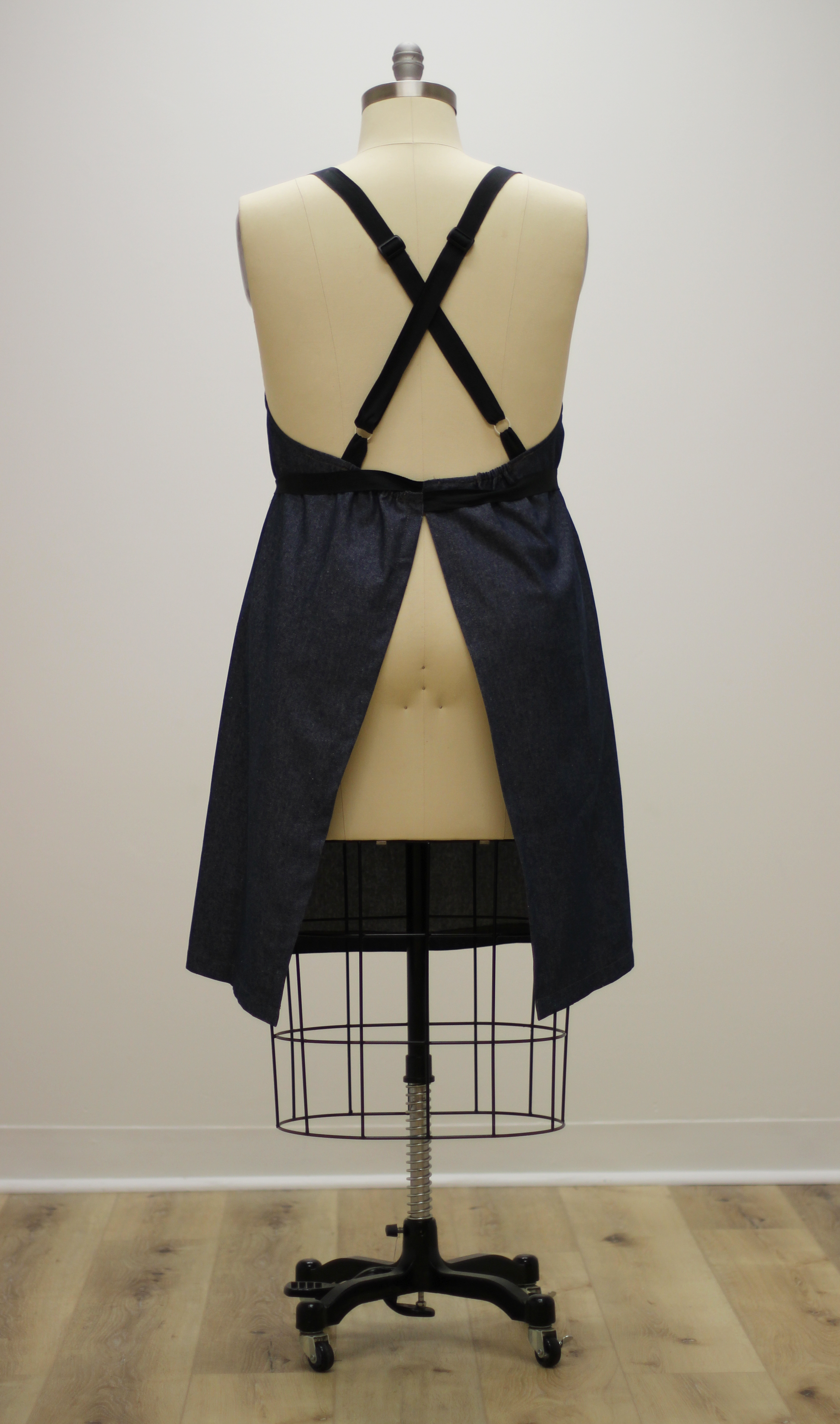 Navy Denim Chef Apron-Womens Cut-waist ties tied in the front - Back View