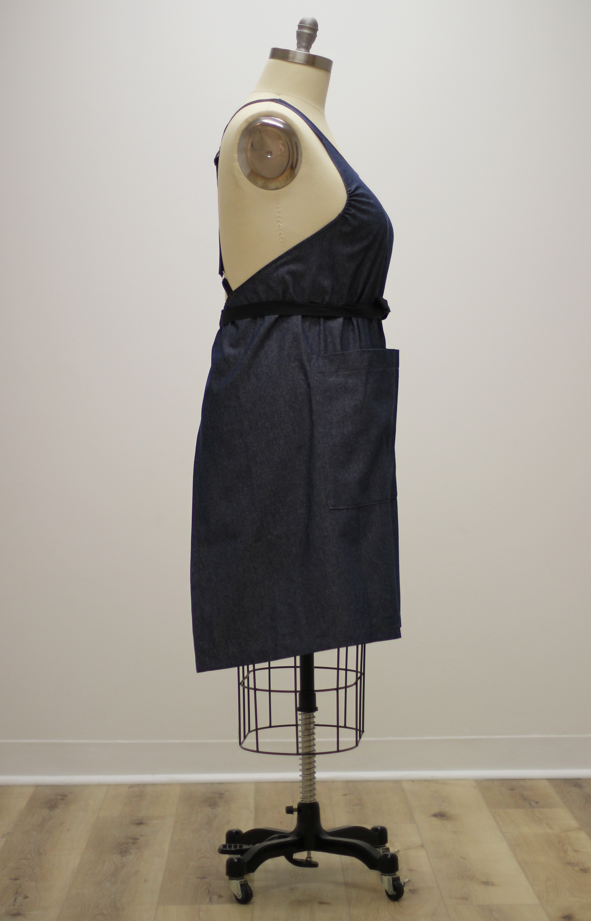 Navy Denim Chef Apron-Womens Cut-waist ties tied in the front  - Side View
