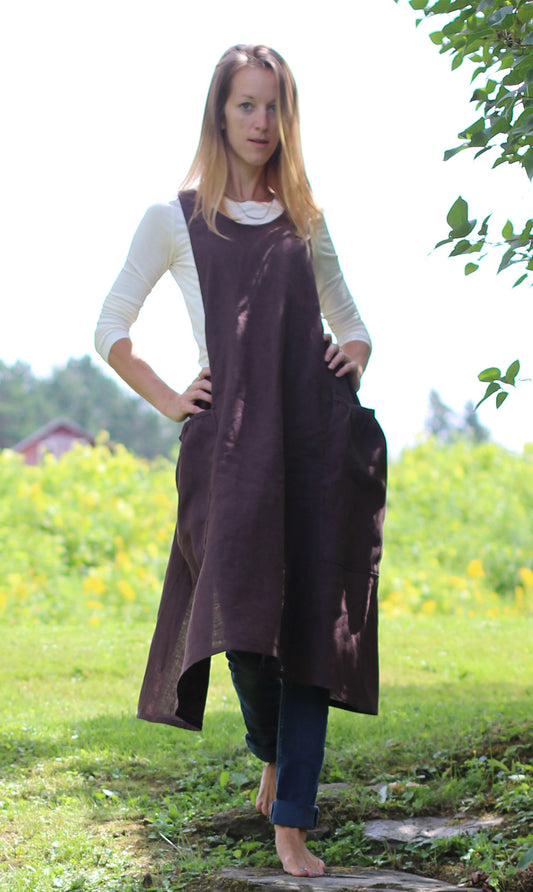 XS-5X No Tie Crossback Apron in Chocolate 100% Flax Linen