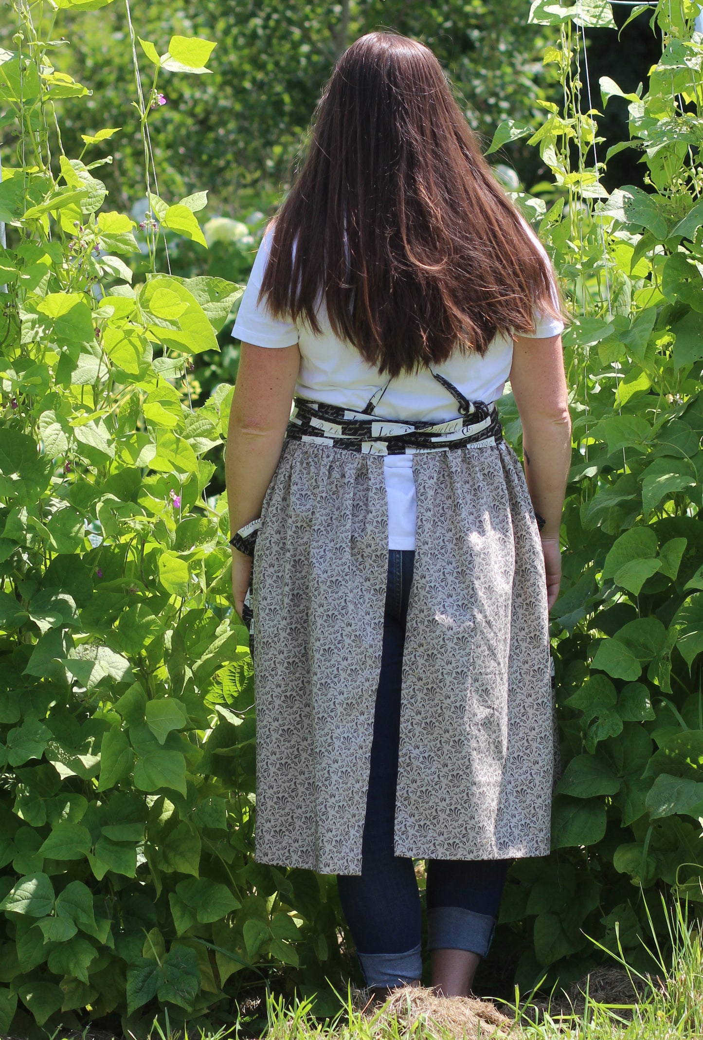 Gathered Bib Apron in Grey Floral - Back View