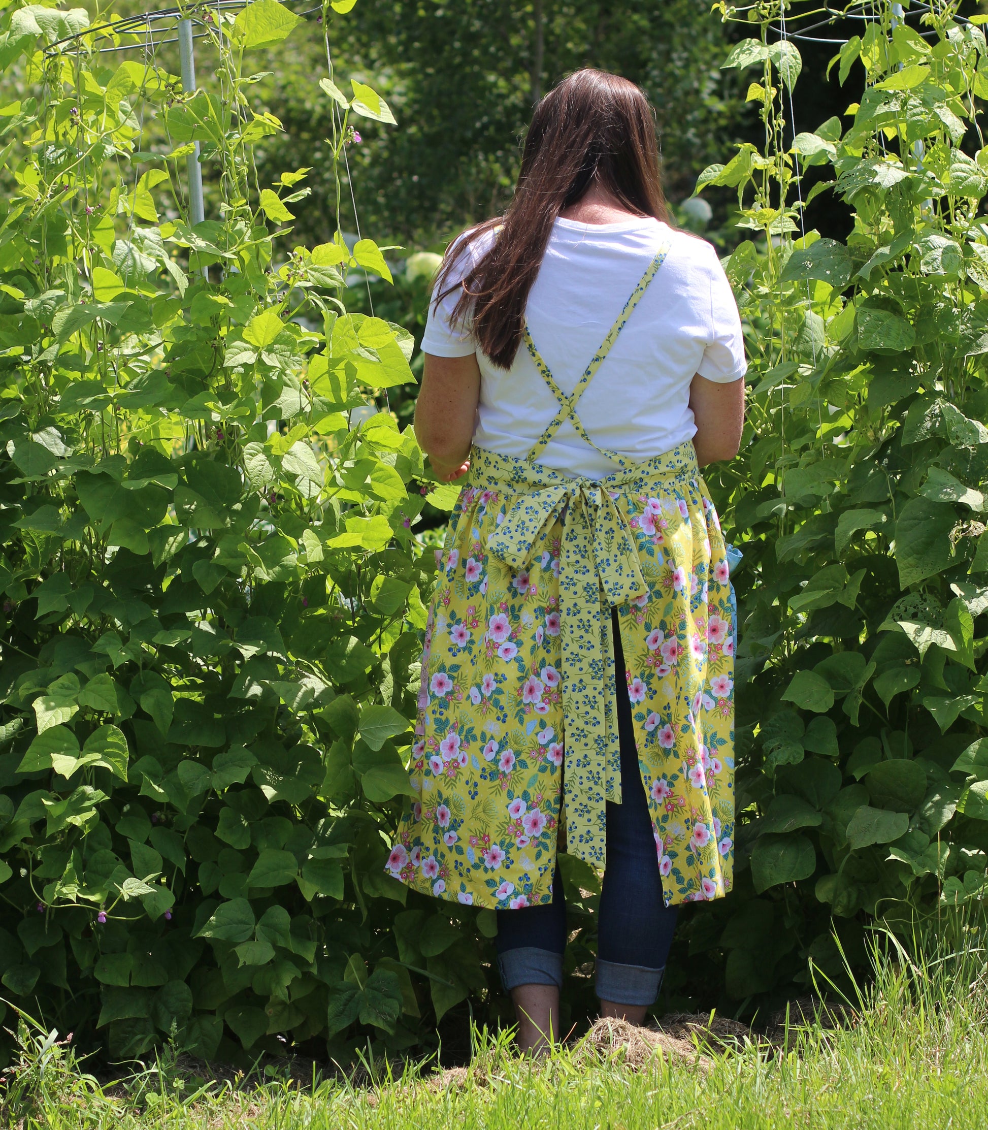 Gathered Bib Apron in Yellow Floral - Back view with ties used as a No Tie Apron.