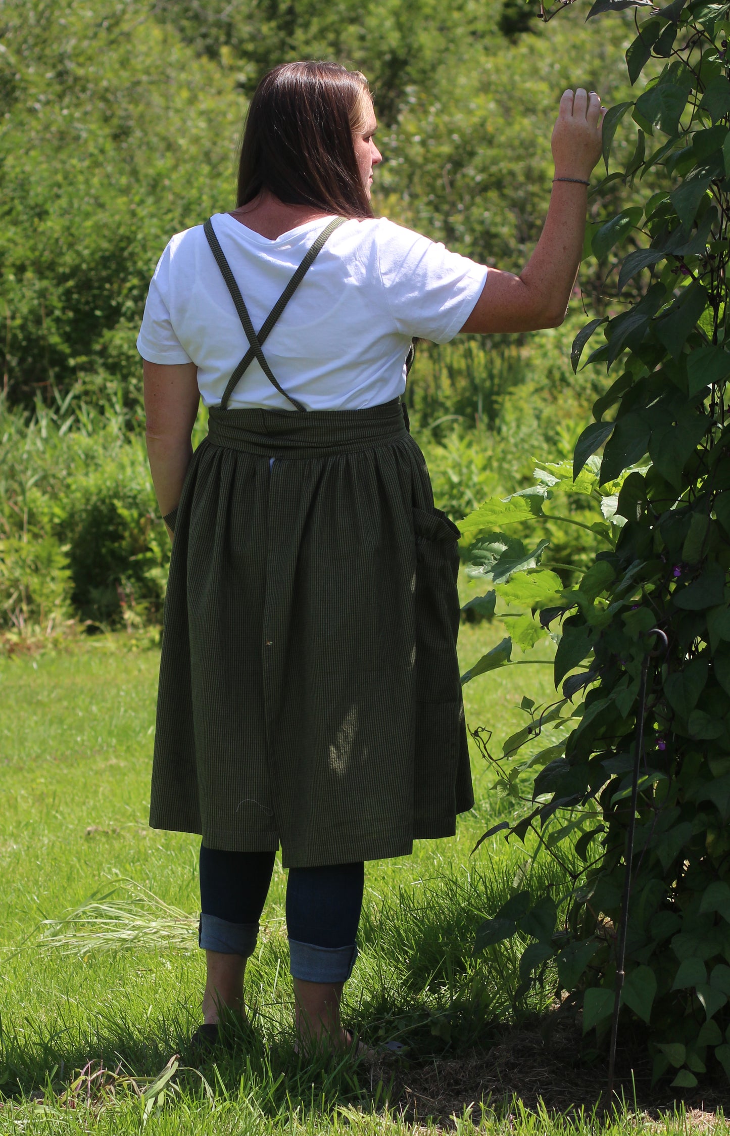 XS-5X  Gathered Bib Apron in MIni Plaid, 100% Cotton Homespun  - Back view with neck ties used as a No Tie Apron