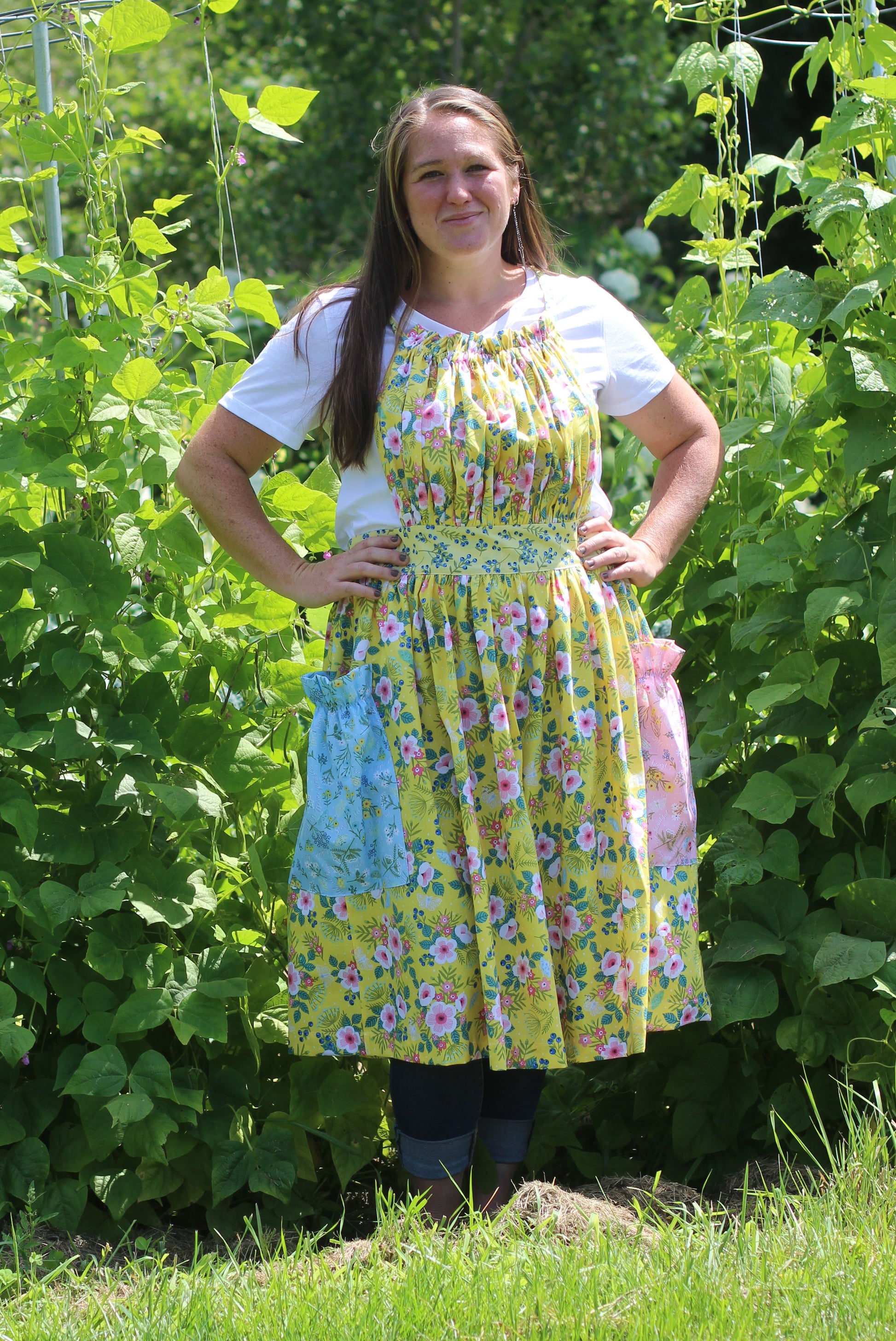 Gathered Bib Apron in Yellow Floral - Front View with coordinating pocket colors.