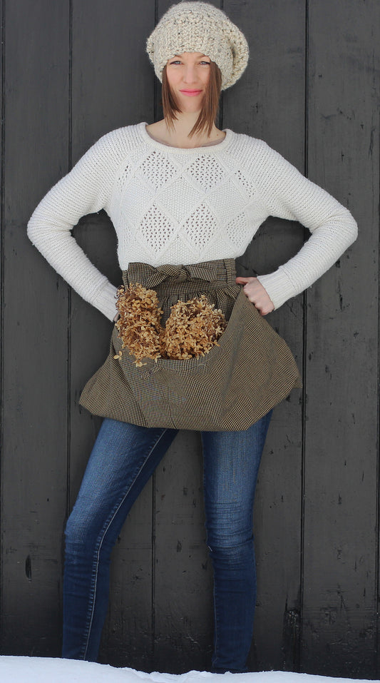 Gathering Apron in Mini Black Plaid 100% Cotton Homespun in Reg and Plus Size - Front View 1