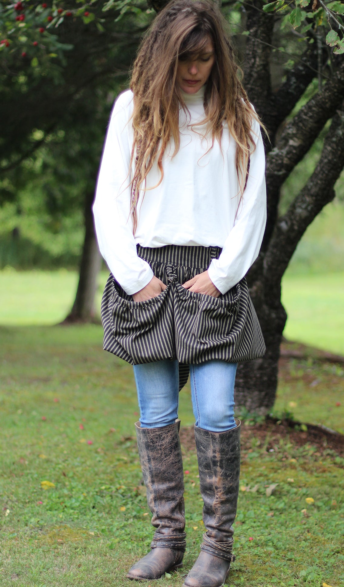 Gathering Apron in Black Stripe 100% Cotton Homespun in Reg and Plus Size - Front View 1
